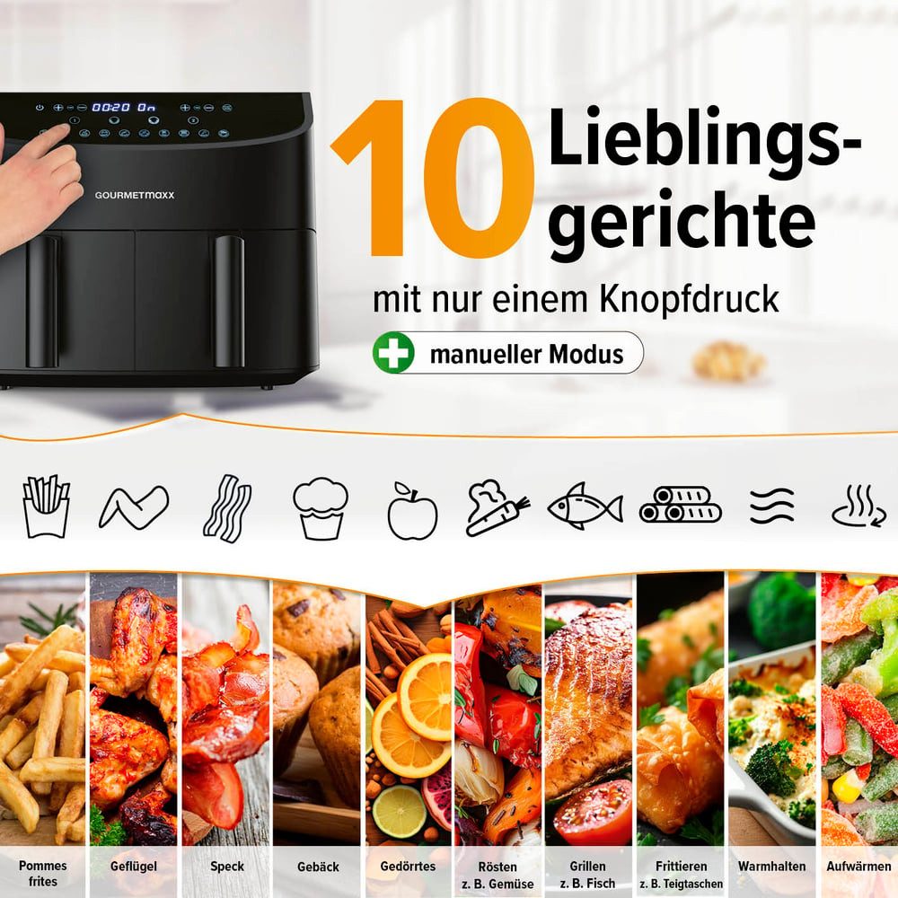 GOURMETmaxx Heißluftfritteuse Doppelkammer-Heißluftfritteuse 2x 3,5L,  Airfryer, 2400 W, Pommes & Nuggets fettarm zubereiten 2400 Watt 9 Funktionen bis 230°