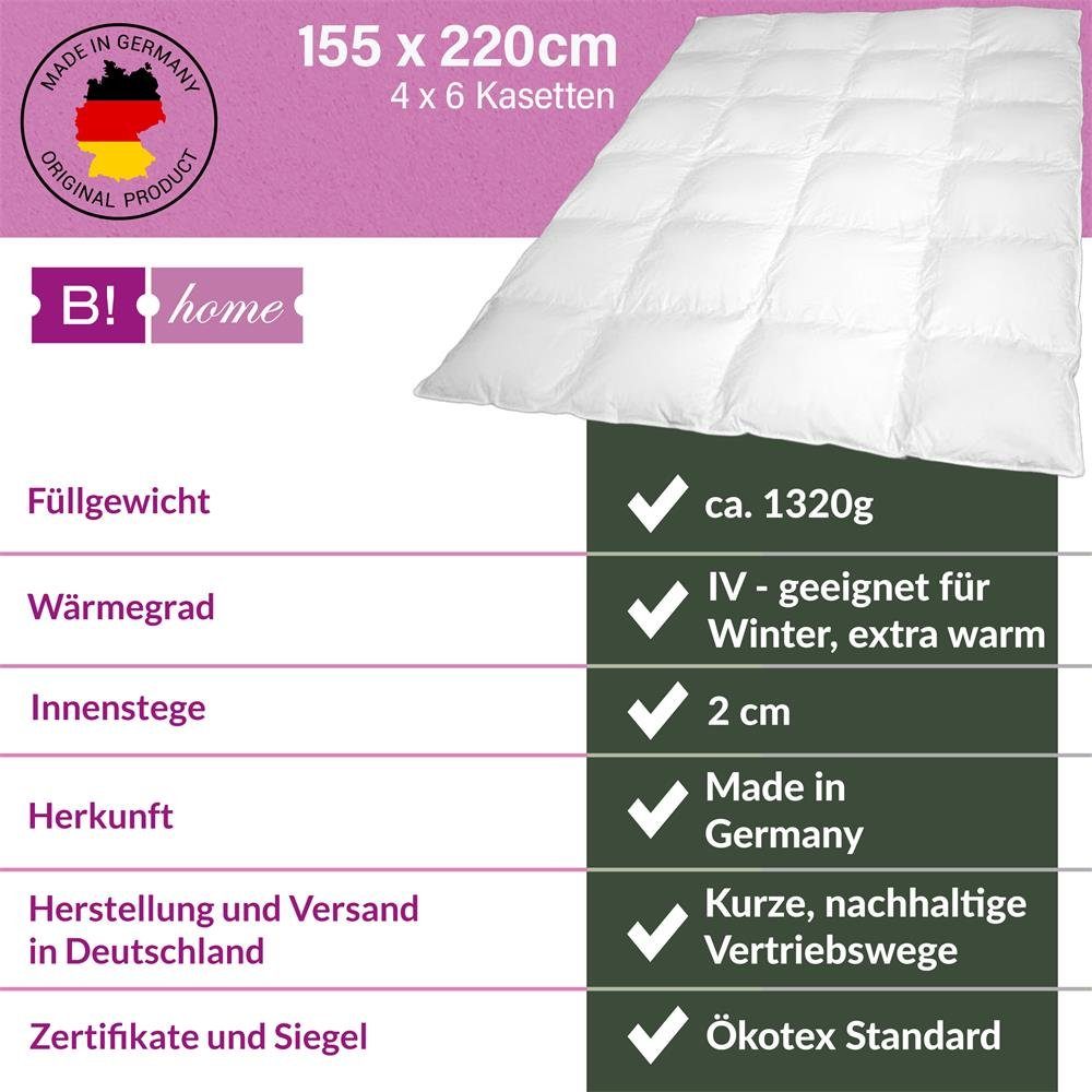 B!HOME Daunenbettdecke B!HOME Winterdecke extra Daunen 155x220cm (1320g) Kassettenstegbett, Füllung: 100% Daunen, Bezug: 100% Baumwolle, 100% Daunen