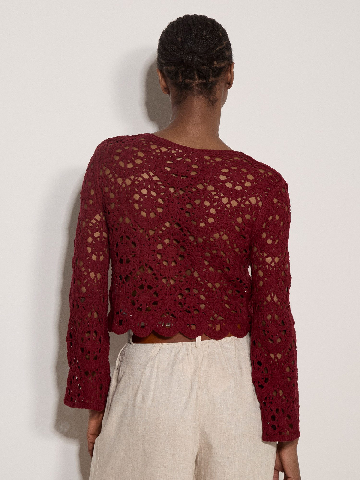 Apricot Spitzenshirt Boho-Häkeloberteil mit Blumenmuster Häkelverzierungen