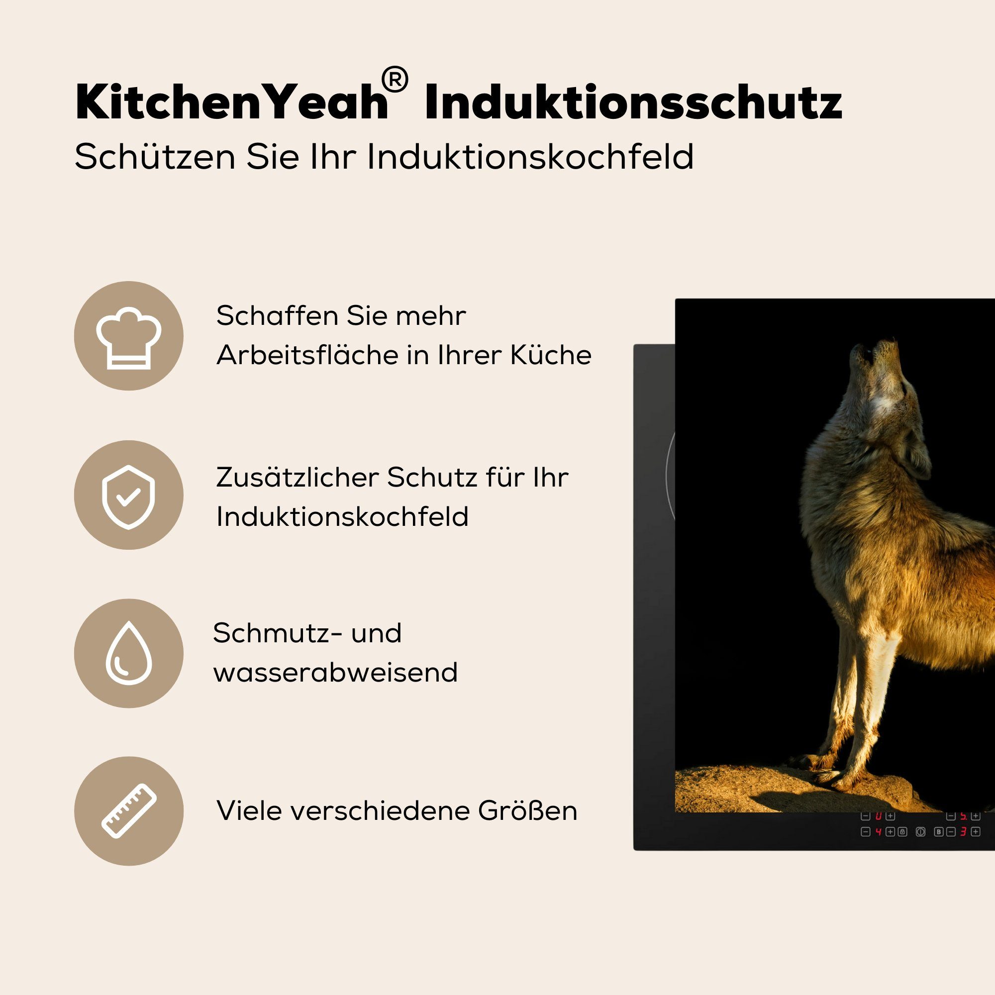 Ceranfeldabdeckung Induktionsmatte küche, Vinyl, Wolf, tlg), cm, 59x52 für Herdblende-/Abdeckplatte Heulender (1 MuchoWow die