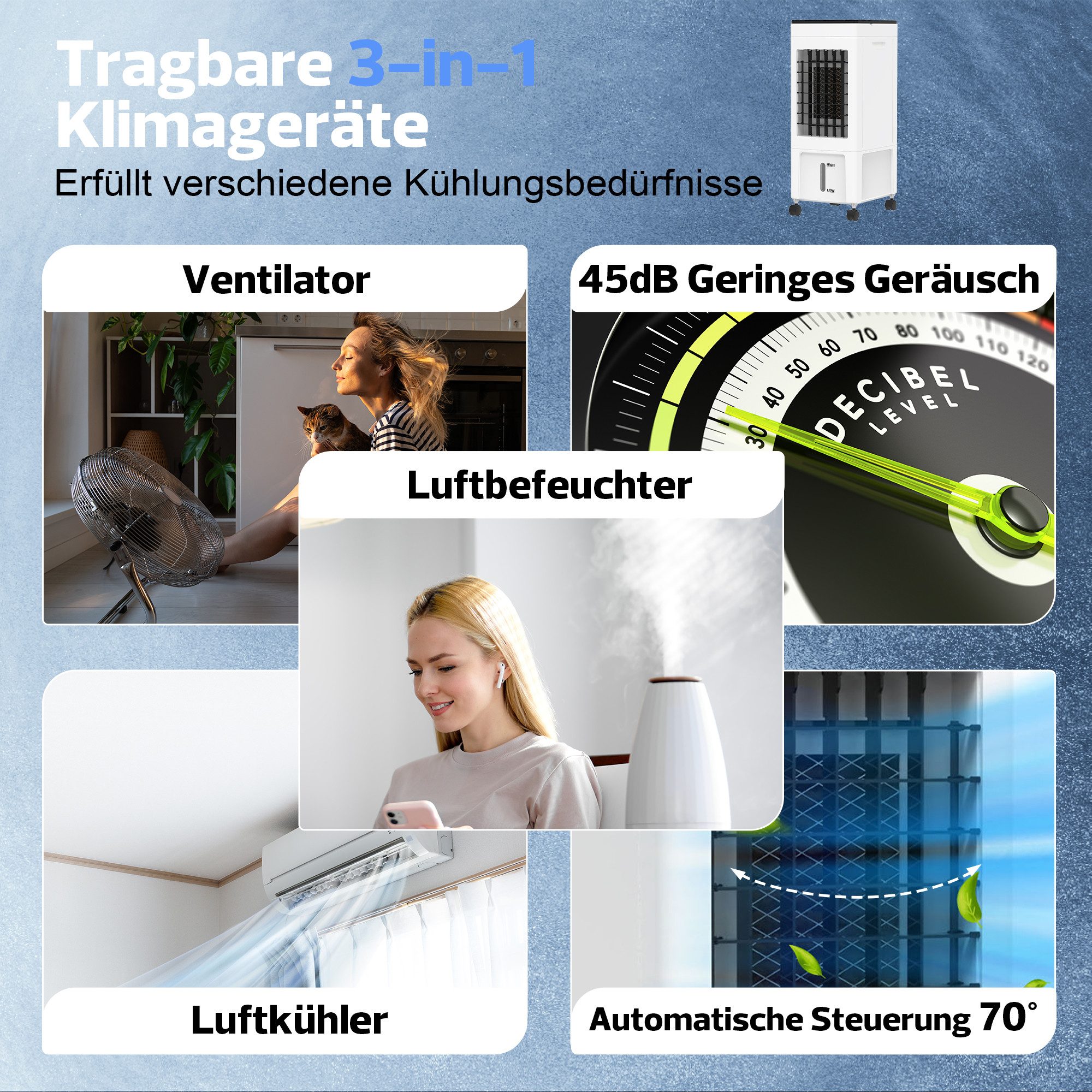 Rebonique Standventilator 3 in 1 Luftkühler Luftbefeuchter Ventilator Leise 8H Timer 3 Geschw., 70° Oszillation 8L Wassertank Fernbedienung 8H Timer