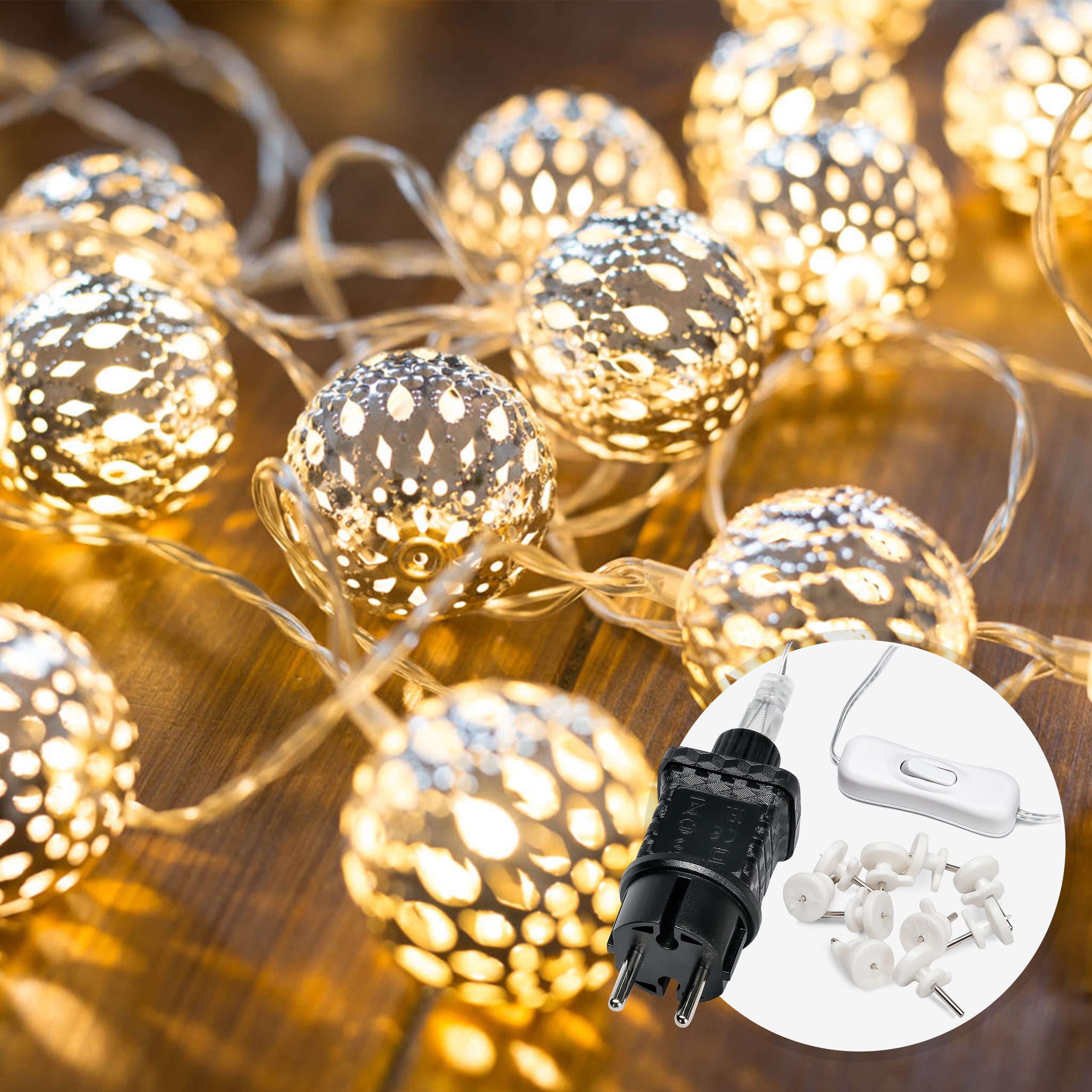 COZY HOME LED-Lichterkette Marokkanische Batterie und Stecker -, 20 LEDs I Timer-Funktion I Warmweiß I Lichterkette Innen