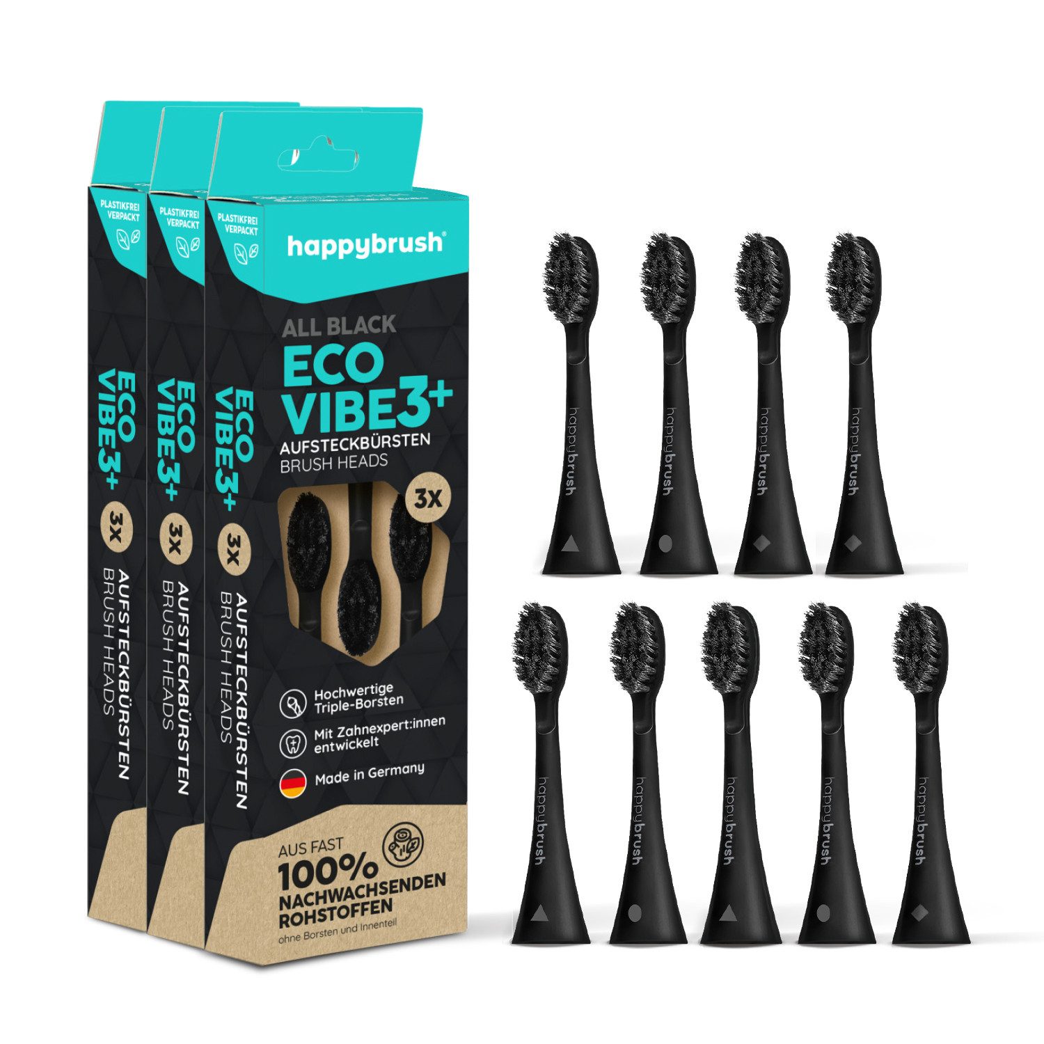 happybrush Aufsteckbürsten 3x3 V3 AllBlack, Spar-Set, für happybrush Eco Vibe 3, hochwertige Triple-Borsten, Wechselindikator