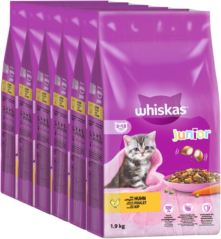 Whiskas WHISKAS® Beutel Trocken Junior mit Huhn 6 x 1,9kg, Trockenfutter für: Katze