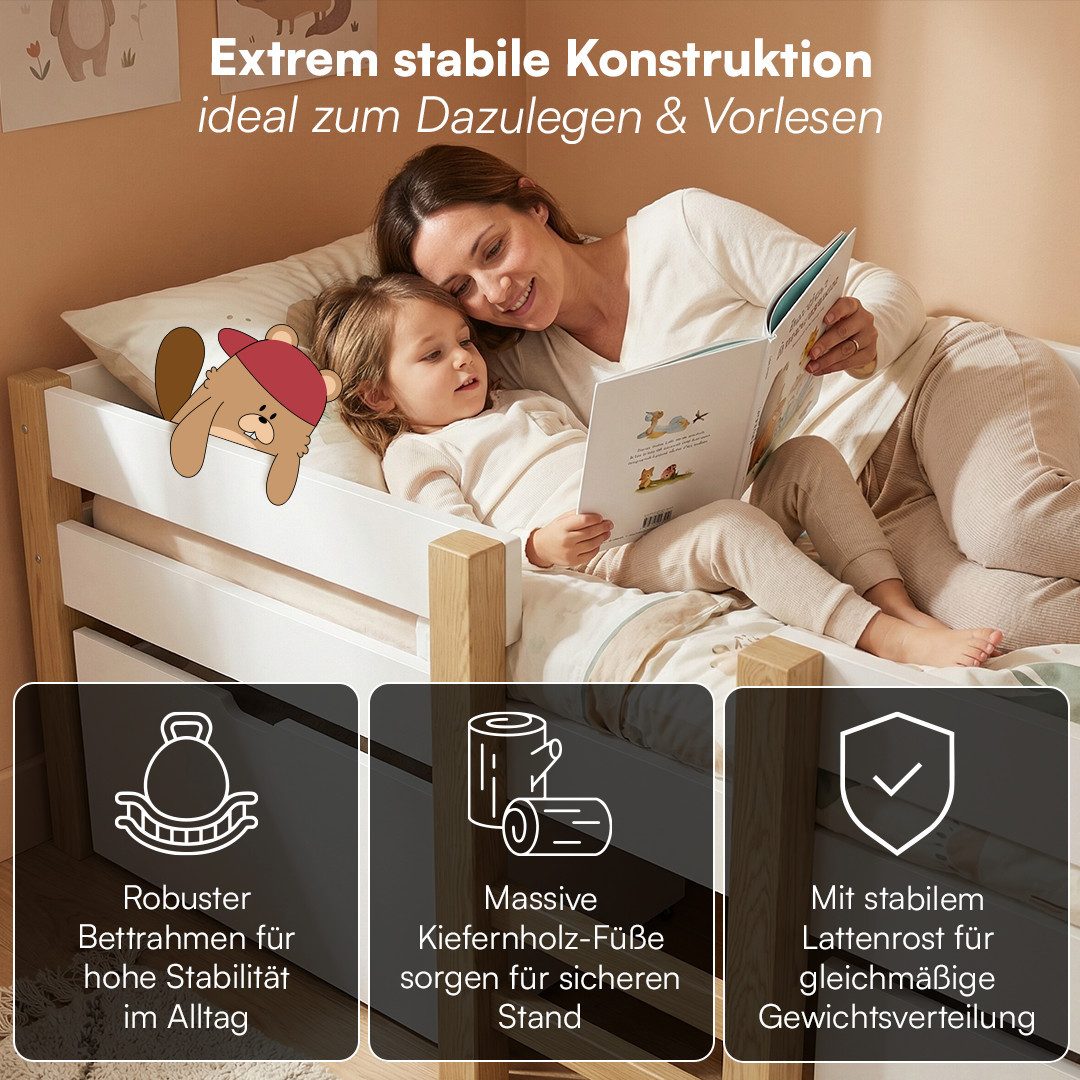 Bellabino Hochbett Aspy mit Rausfallschutz und Lattenrost 90x200 cm (natur / weiß, mit 2 Schubladen, optional mit Matratze) verfügbar in verschiedenen Ausführungen