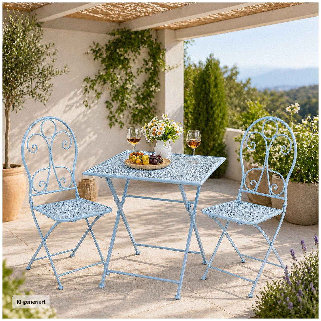 HTI-Living Garten-Essgruppe Tischgruppe Solea Blau, (Set, 3-tlg., 1 Gartentisch, 2 Gartenstühle)