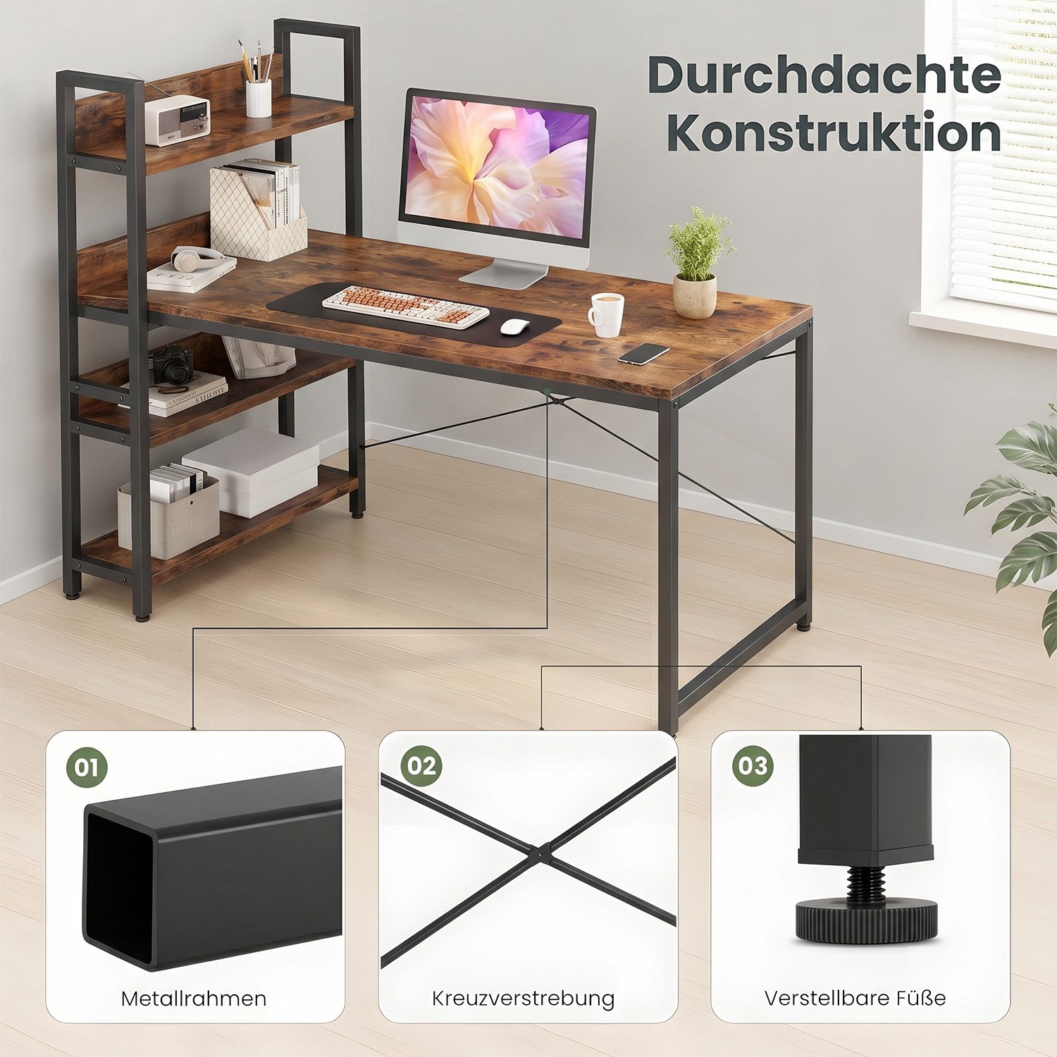 Refined Living Computertisch Schreibtisch Gaming tisch Computertisch Bürotisch 50x80/100cm 120/140 (Schreibtisch mit Seitlichem Regal & Verstellbaren Füßen, Off – Bild 5 von 5