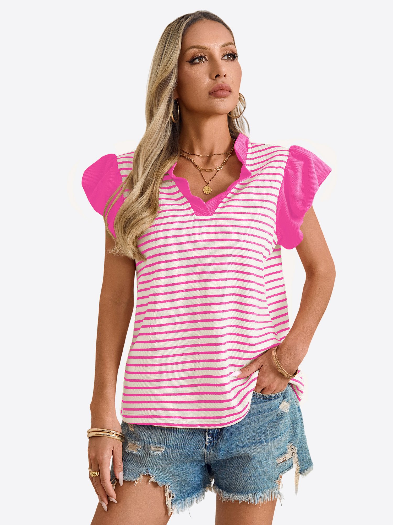 Imily Bela Blusentop Damen Rüschenbluse mit Streifen (Packung, 1-tlg., 1per-Pack) Blasenärmel