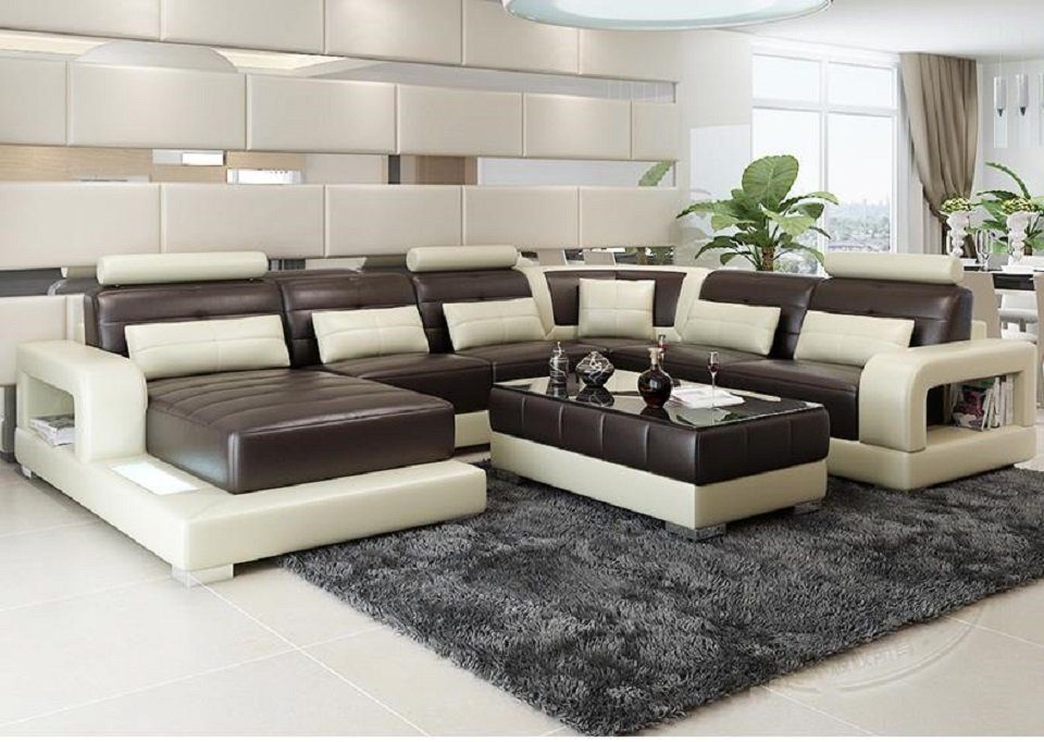 JVmoebel Ecksofa Braunes Ledersofa Ecksofa Sofa Couch Design Sitz Polster, Made in Europe Braun/Beige