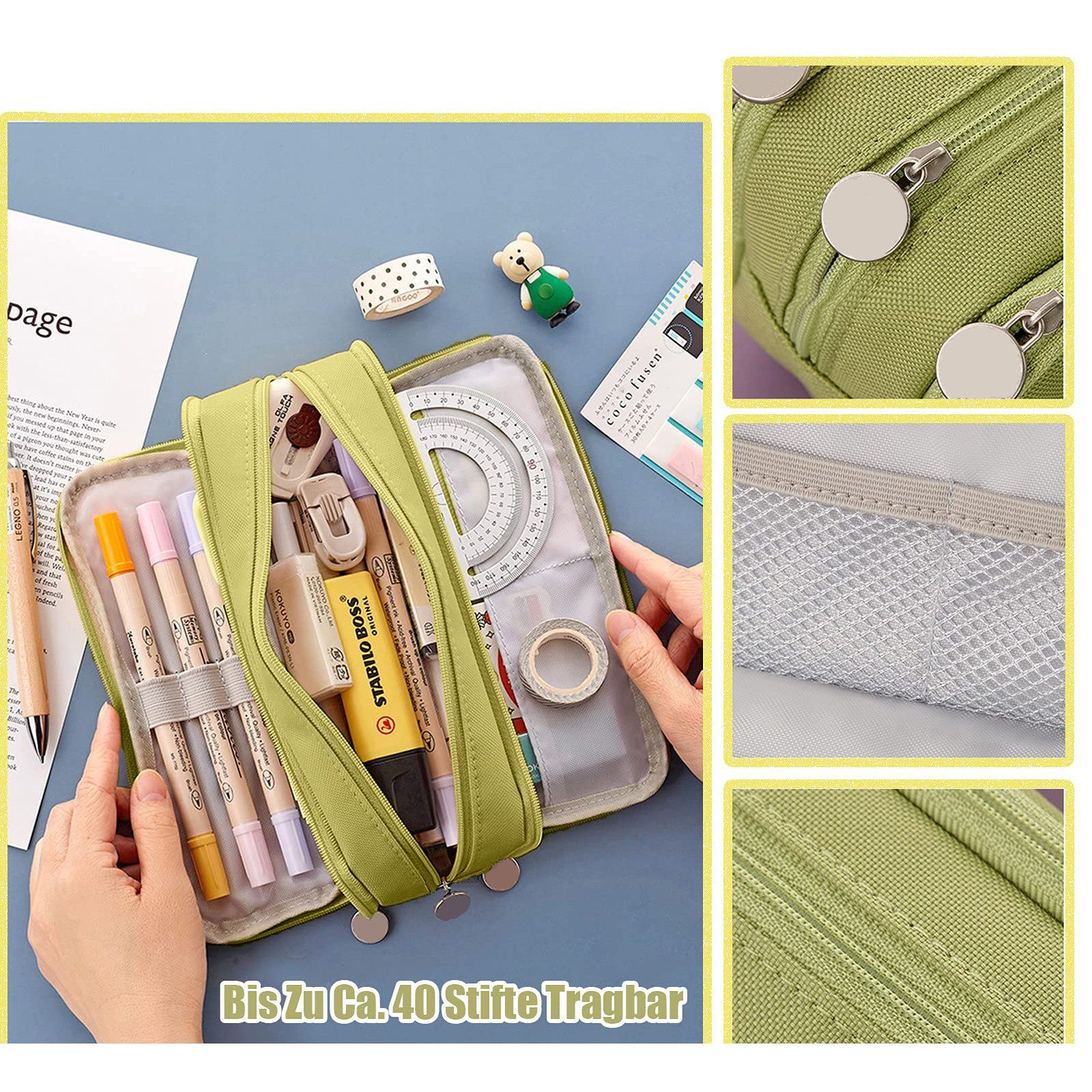 Bextsrack Schreibgeräteetui Große Kapazität Federmäppchen mit 3 Fächern, (1-tlg), Stiftemappe für Schule, Teenager, Mädchen, Jungen, Männer und Frauen
