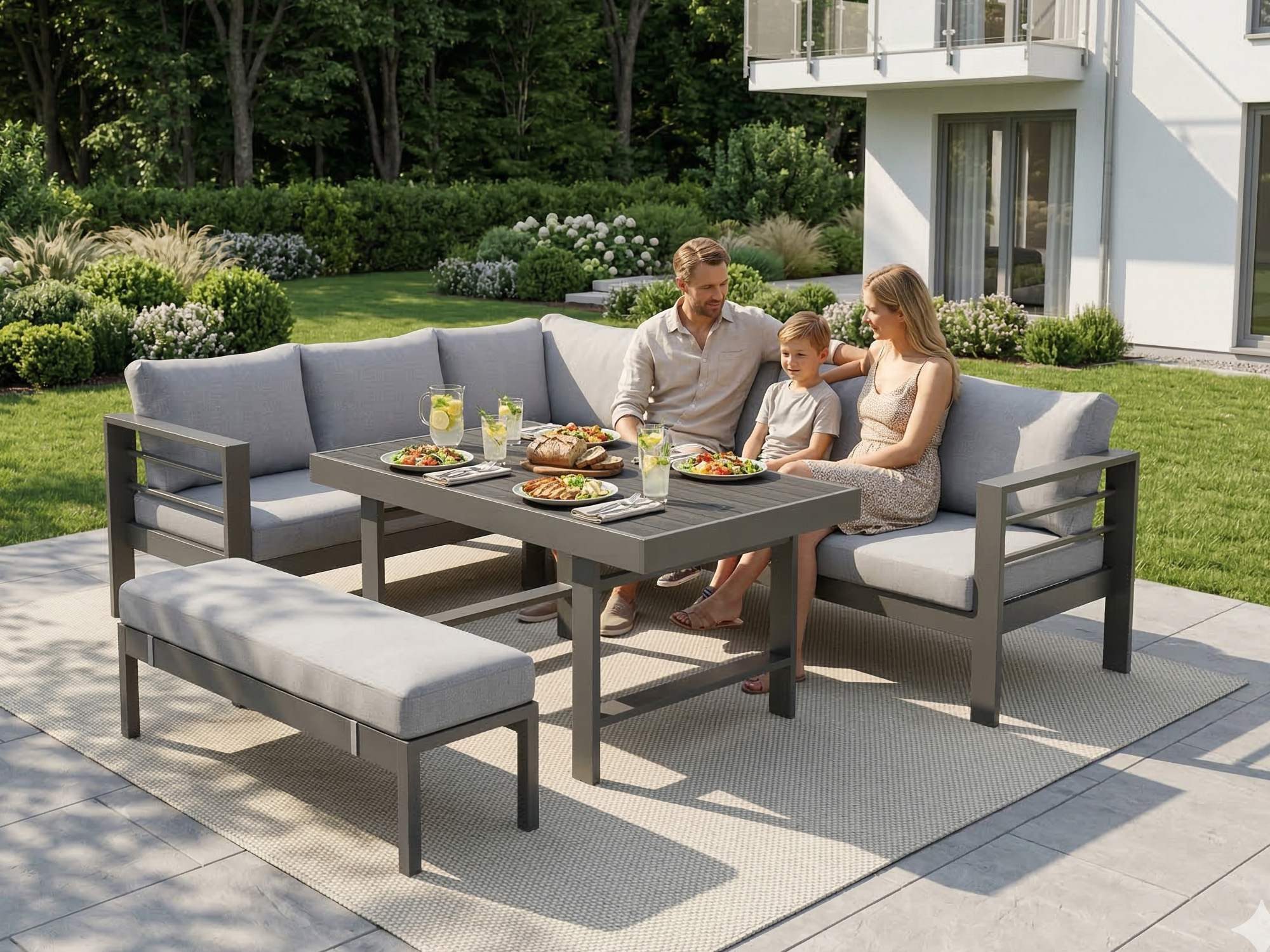 MeXo Gartenlounge-Set XXL Lounge Gartenmöbelset aus Aluminium, wetterfest, (Ecksofa mit linker Ecke für 6-8 Personen, 5-tlg., 12/15 cm dicke Kissen, Terrassenmö – Bild 3 von 5
