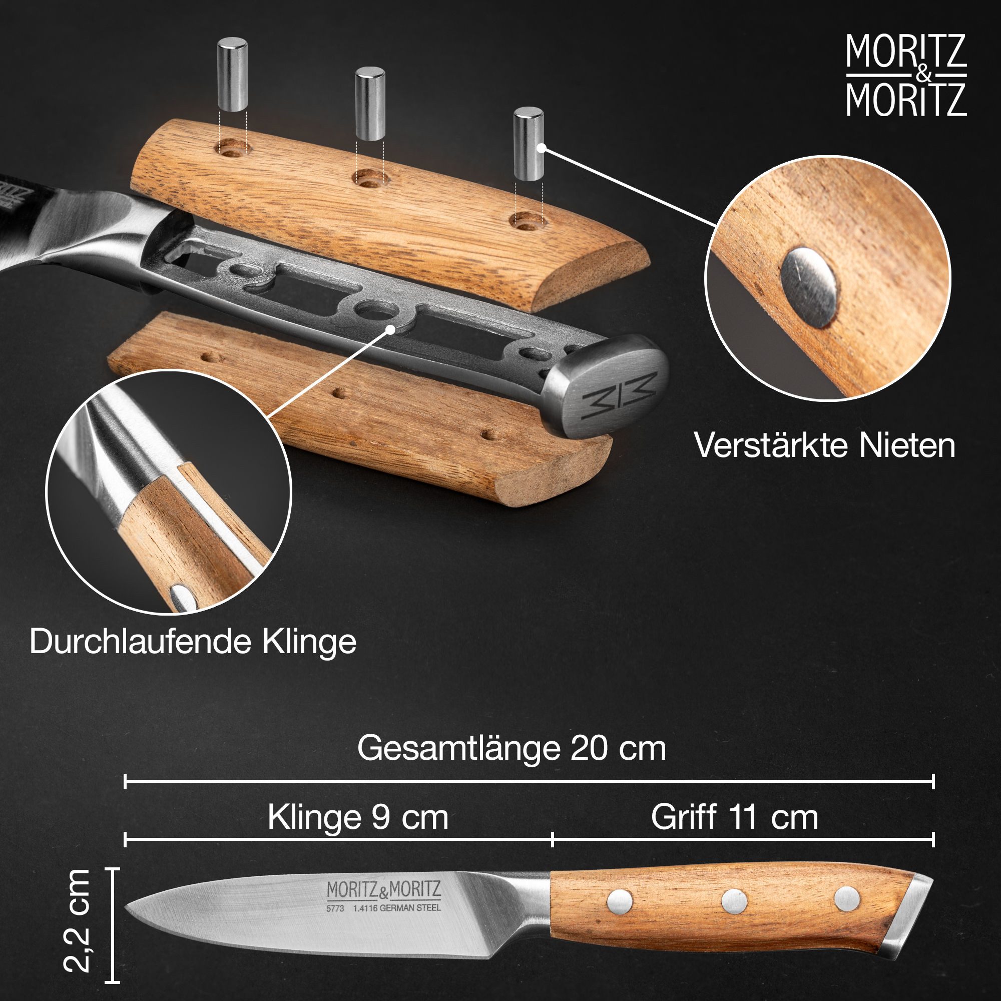 Moritz & Moritz Brotmesser Gemüsemesser 9cm scharfe Klinge, Kleines Obstmesser, ergonomischer Griff