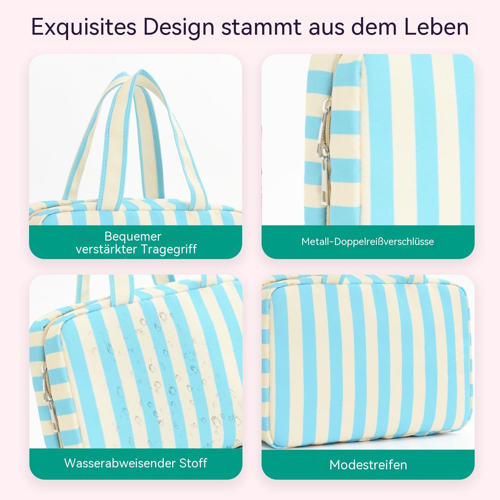 Zyronn Kulturbeutel Reise Kulturtasche Damen, Wasserabweisende Kulturbeutel mit Nassfach, Stilvolle, gestreifte Kosmetiktasche mit Haken