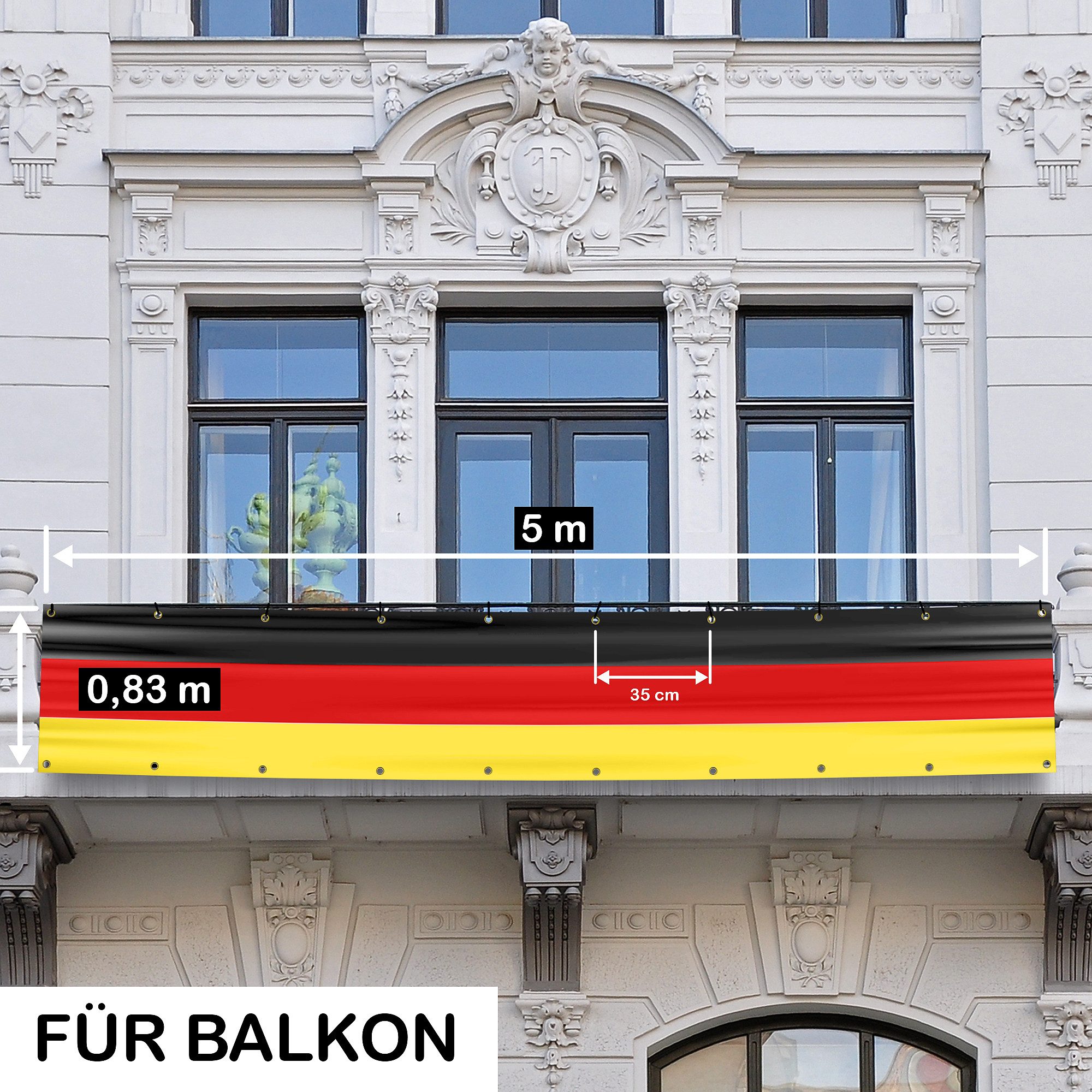 Taffstyle Fahne  Deutschland XXXL Balkonflagge Umrandung 500cm x 83cm Sichtschutz (Deutschland Fanbanner für Balkon Garten Zaun Fußball und Public Viewing), doppelt genähnt