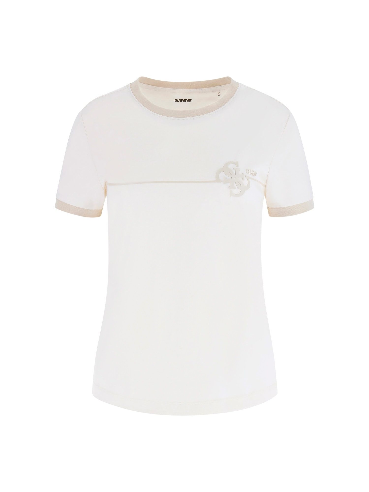 Guess Kurzarmshirt – Schmal geschnittenes Kurzarmshirt mit Logoschriftzug monochromer Besatz an Ausschnitt und Ärmel