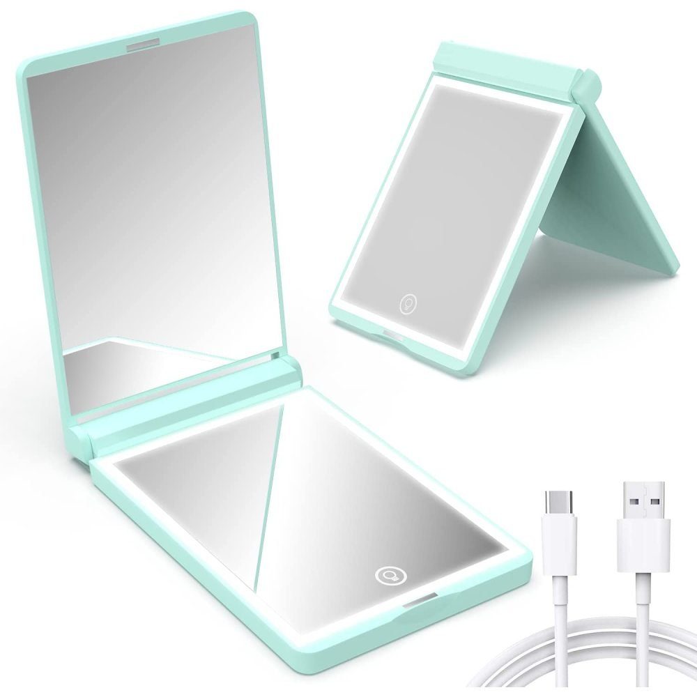 GelldG Taschenspiegel Taschenspiegel Klappbar, LED USB Handspiegel mit 1X /2X Vergrößerung grün | Handspiegel