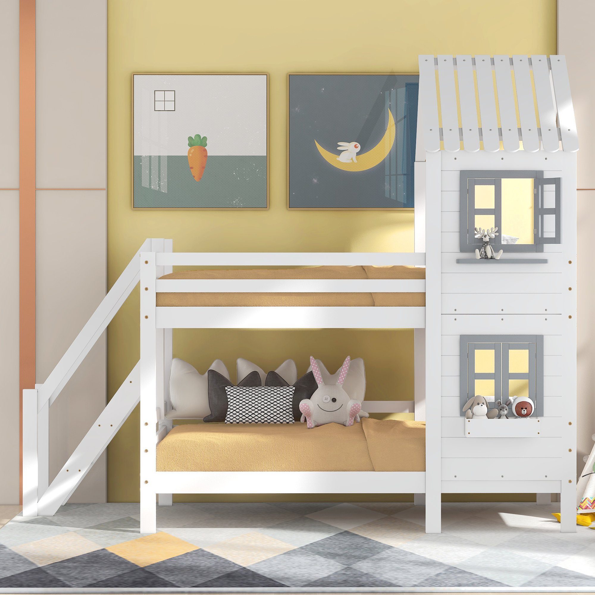 SOFTWEARY Etagenbett Hochbett mit 2 Schlafgelegenheiten, inkl. Rollrost und Treppe (90x200 cm), Holzbett aus Kieferholz, Hausbett inkl. Rausfallschutz, Kinderbett weiß