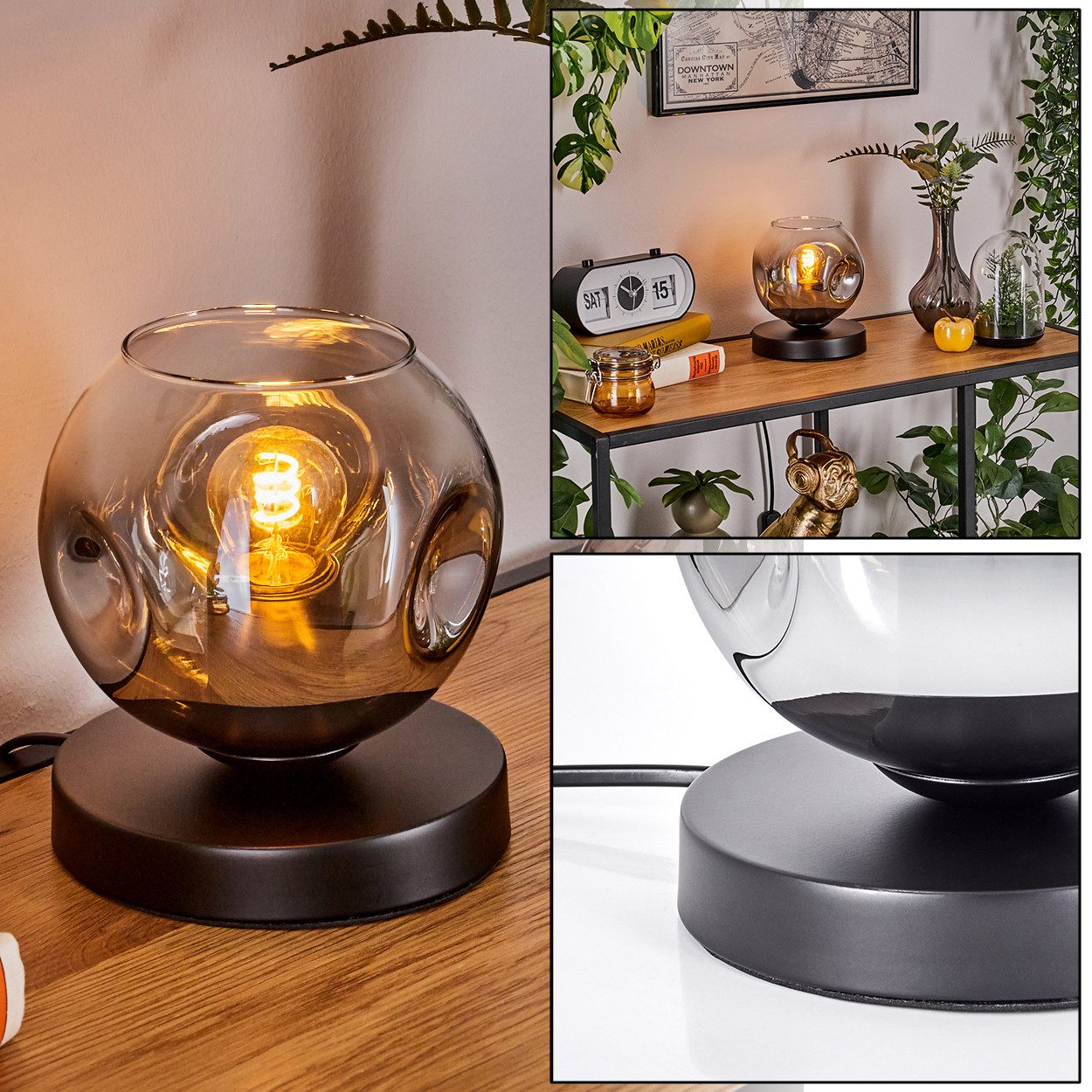 hofstein Tischleuchte Tischlampe aus Metall/Glas in Schwarz/Chromfarben/Klar, ohne Leuchtmittel, Glasschirmleuchte(15cm), Schalter am Kabel, 1x E27, ohne Leuchtmittel