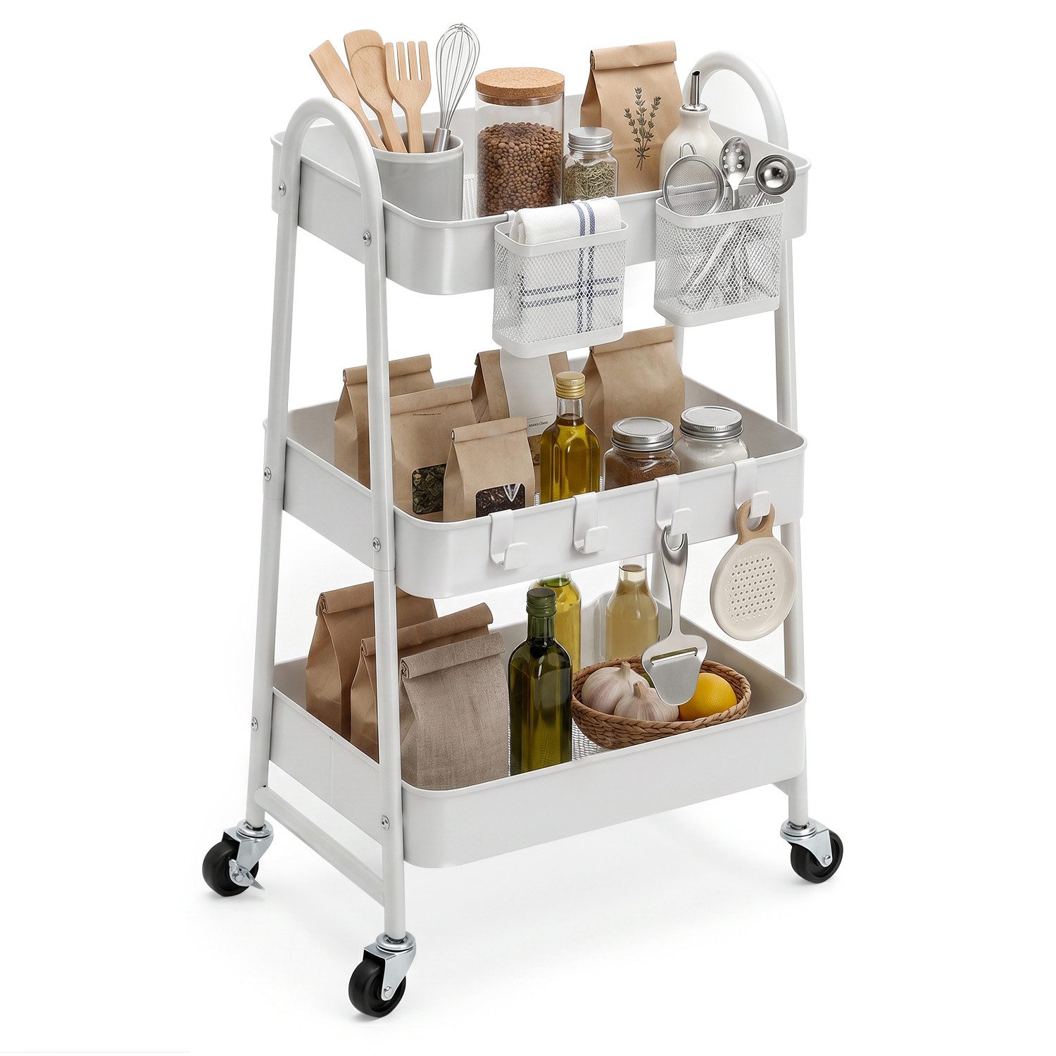 Sekey Rollwagen Küche 30 cm Breit Servierwagen mit Rollen Metall, 2 Körben & 4 Haken, Küchenwagen aus Metall, 31 x 44 x 78cm