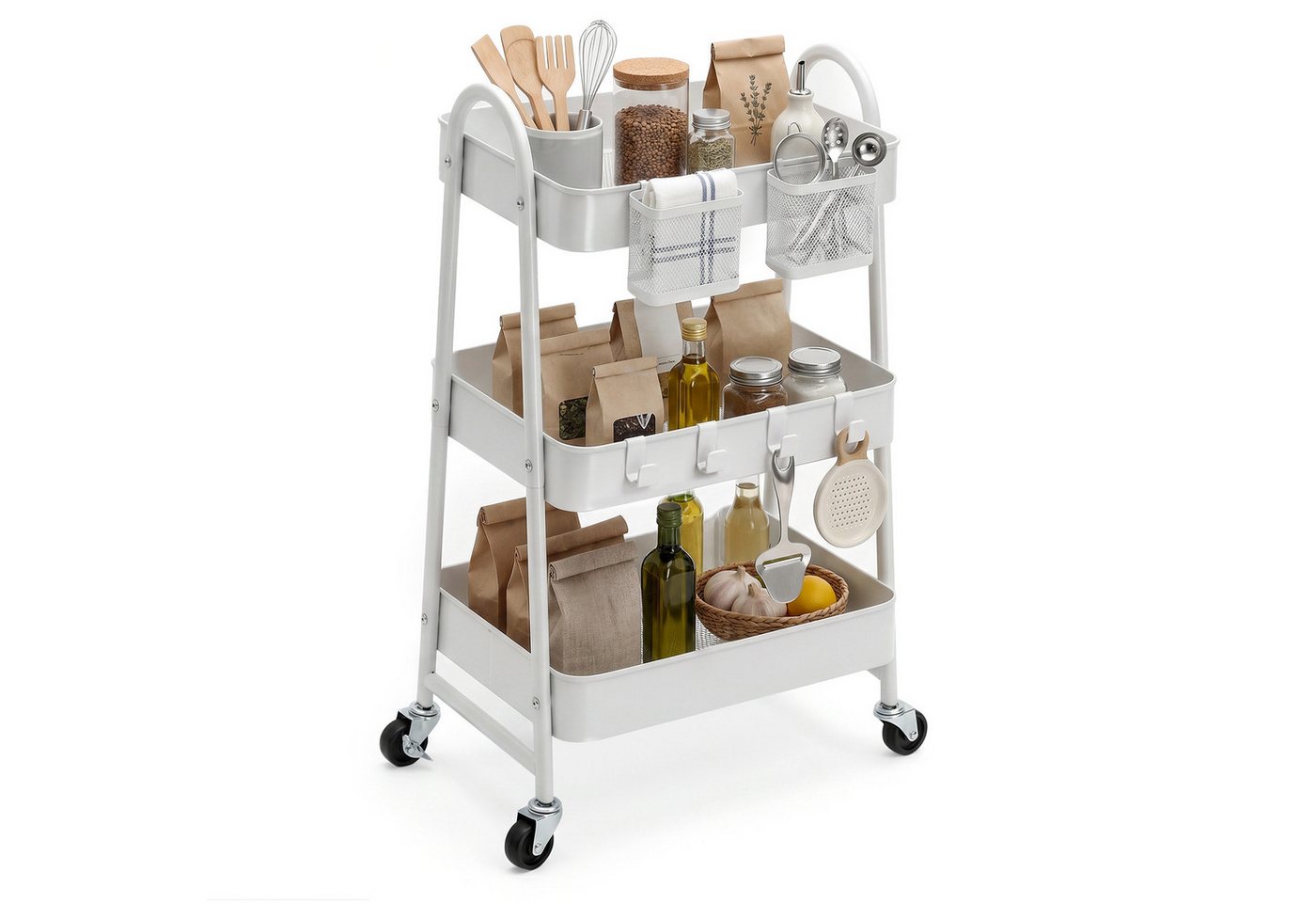 Sekey Rollwagen Küche 30 cm Breit Servierwagen mit Rollen Metall, 2 Körben & 4 Haken, Küchenwagen aus Metall, 31 x 44 x 78cm