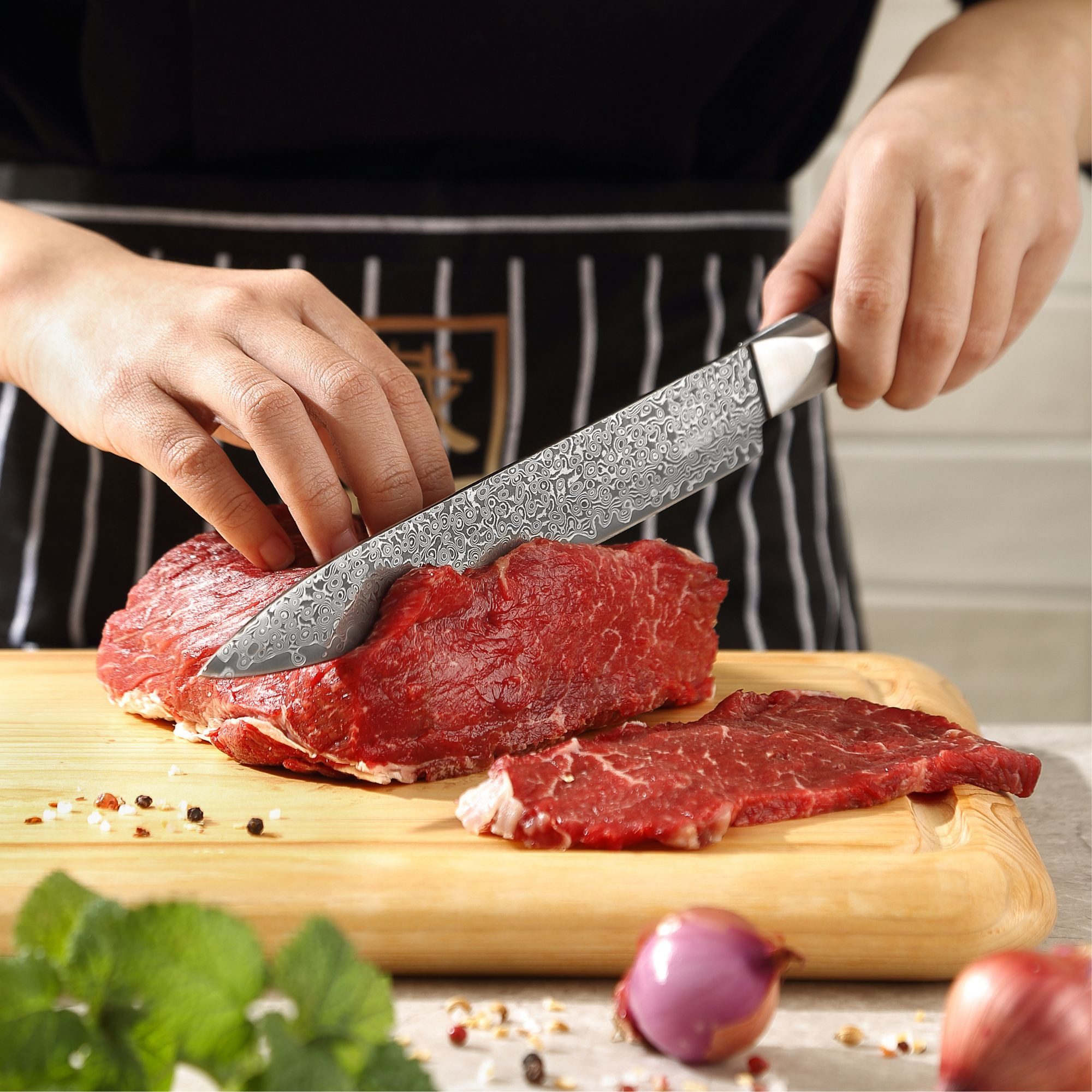 ZAYIKO Fleischmesser Black Edition dunkler Damast Tranchier Küchenmesser 2,5 cm Klinge, schwarzer Damaststahl, VG10-Kern