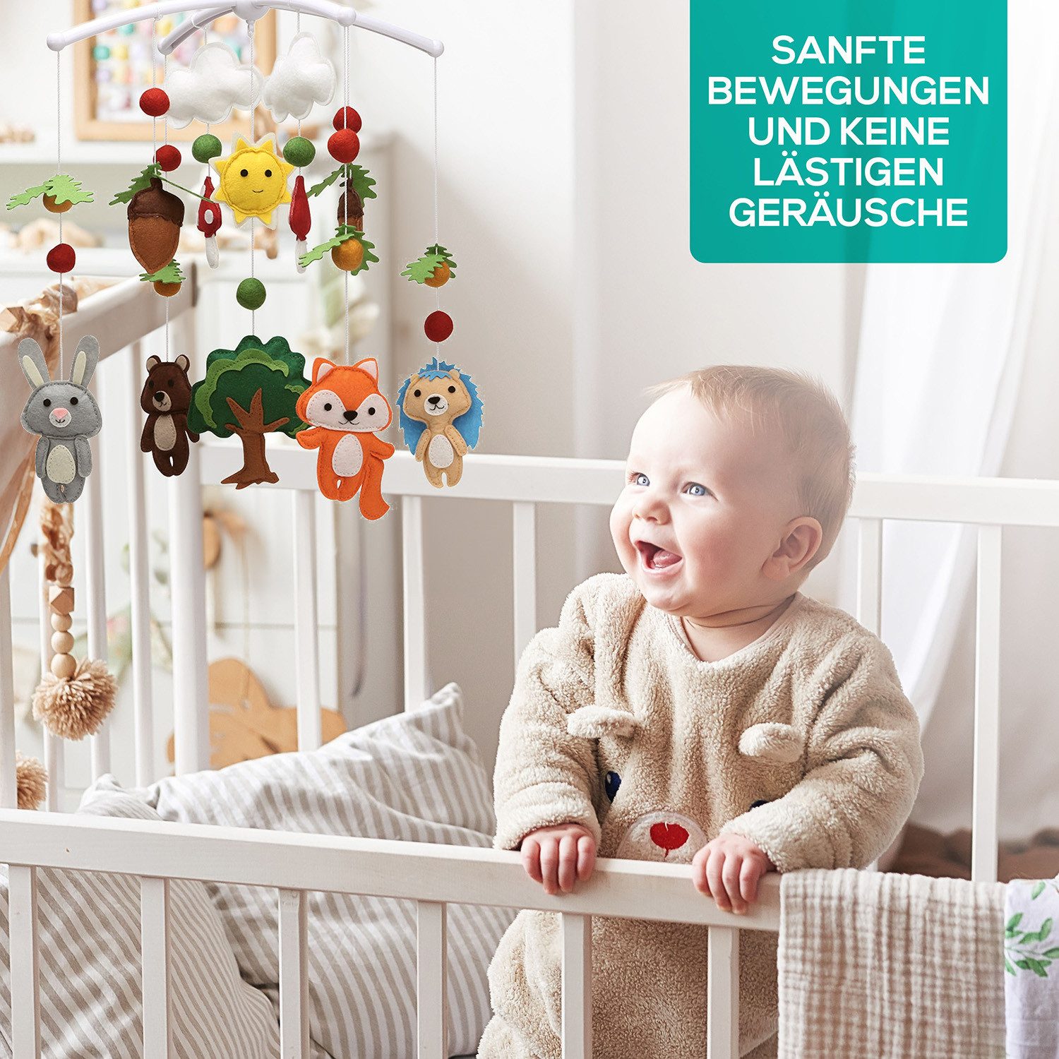 wortek Babymöbel-Set Baby Mobile Windspiel zum Aufhängen Waldtiere, (Set, 1-tlg., Kinderbett, Wickelkommode, Decke Kinderzimmer), Babymobile Bettglocke Babyzimmer Bett Baby Windspiel