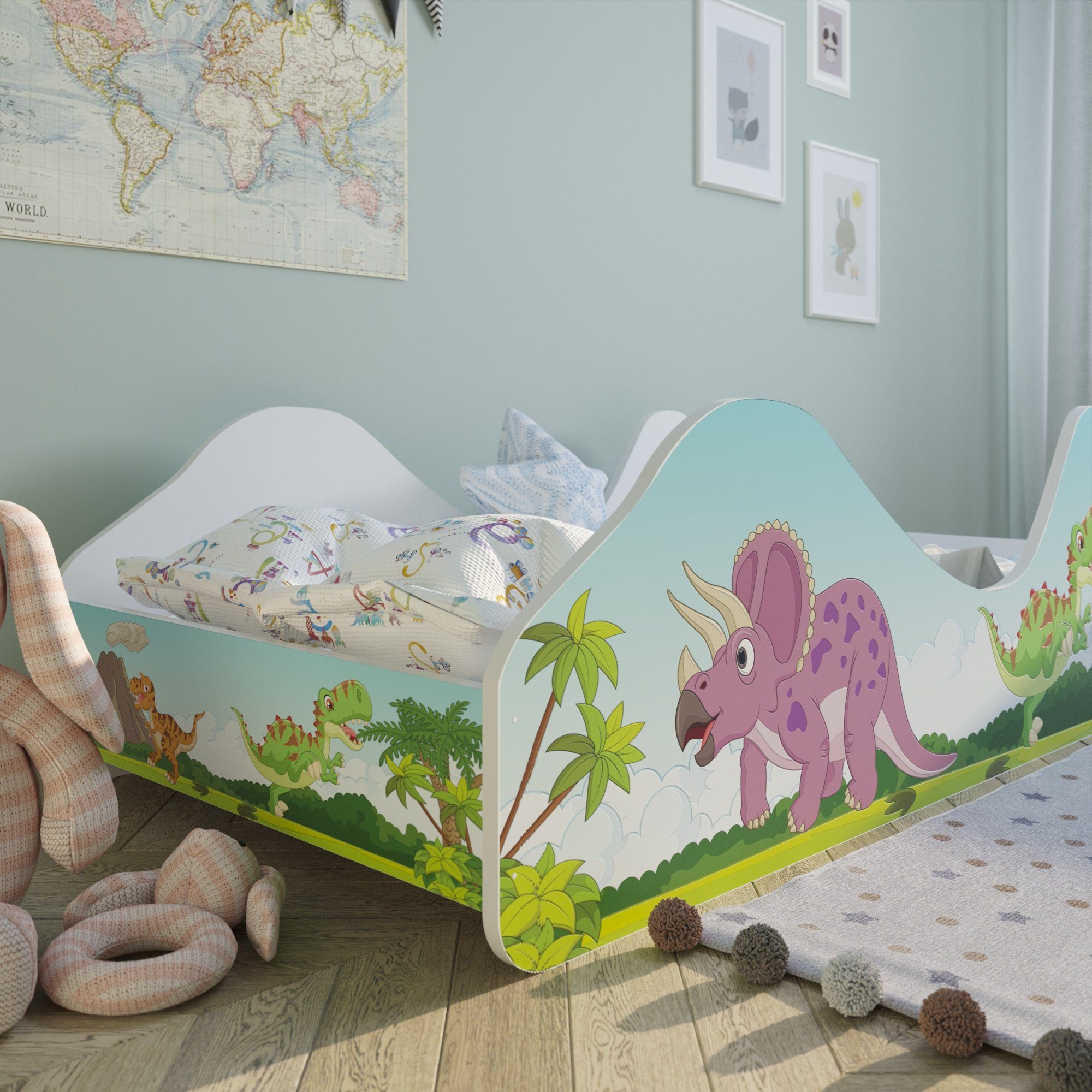 Dinosaurier mit Jugendbett Matratze 80x160 Kanten, Kids Spielbett Collective mit Rausfallschutz, oder Motiv, optional mit abgerundeten Kinderbett Piraten