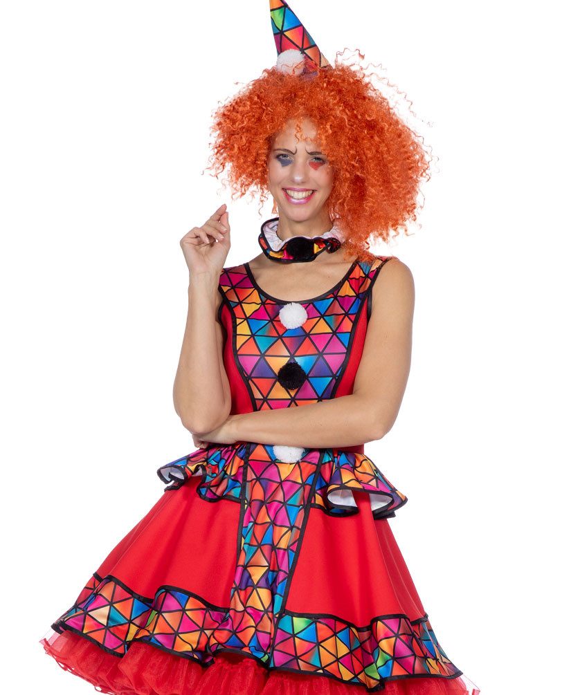 Karneval-Klamotten Clown-Kostüm Kleid Damen rot kariert mit Clownshut hochwertig, Zirkus Clown Kostüm bunt Narre Pierrot Harlekin Frauen Gruppenkostüm