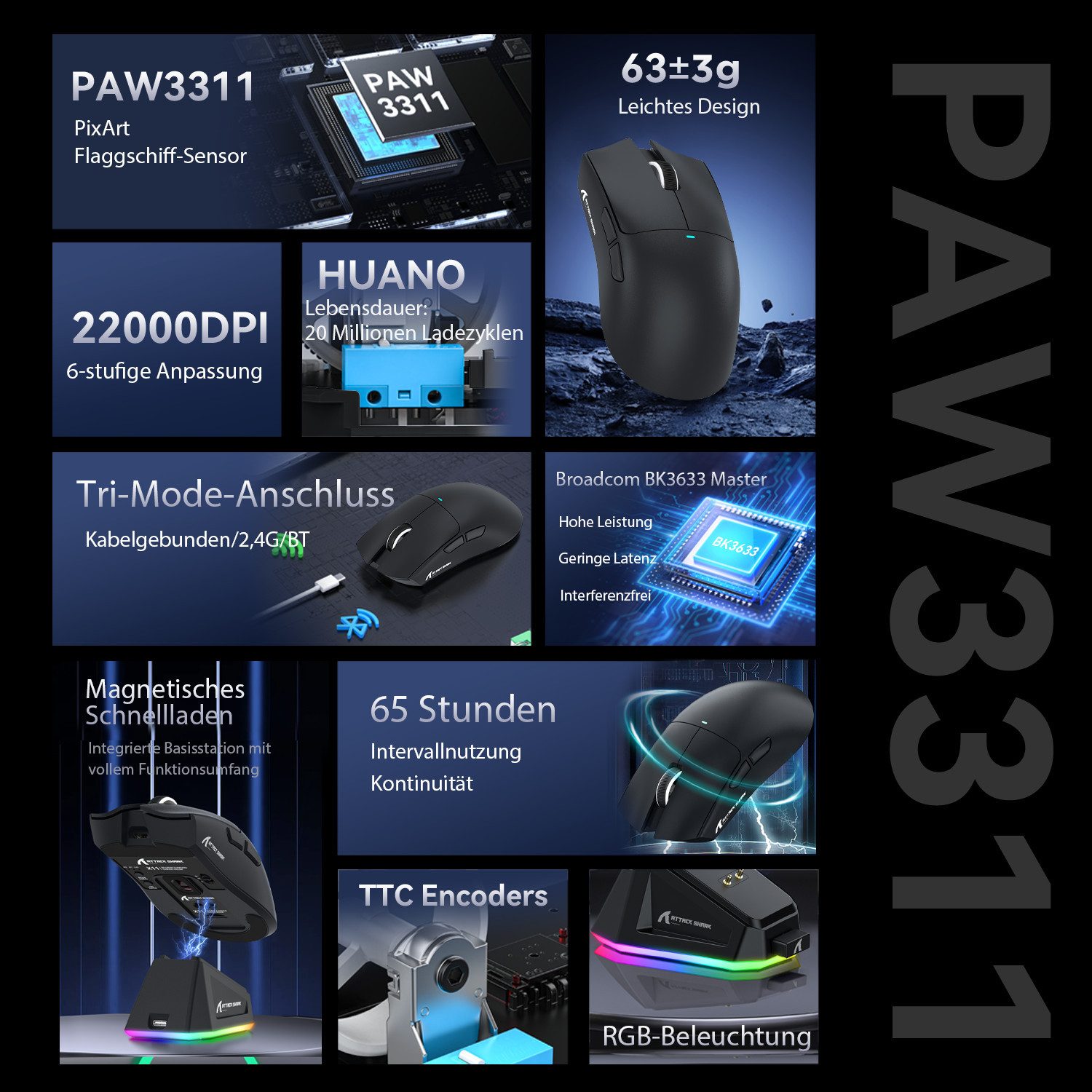 ATTACK SHARK X11 Kabellose Gaming-Maus mit Magnetischer Ladestation Gaming-Maus (Bluetooth, kabelgebunden, 2.4G, 22000 dpi) – Bild 2 von 5