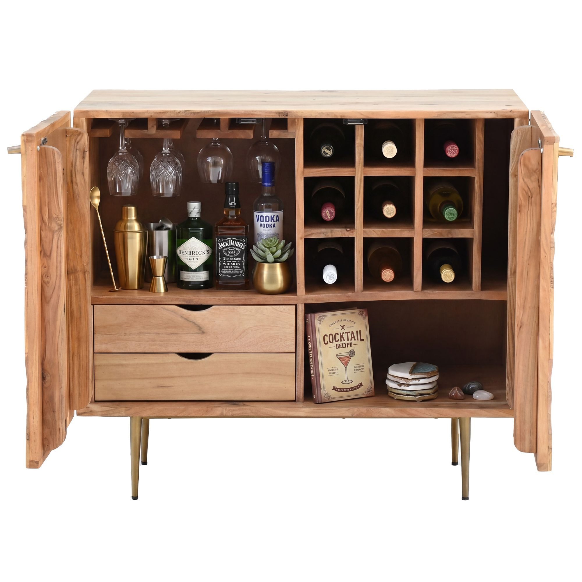 Wohnling Barschrank WL7.441 Massivholz 90cm Bar Weinschrank Design Hausbar Handmade (Eleganter Weinschrank aus massivem Akazienholz) Mit praktischem Weinregal und Glashalterungen