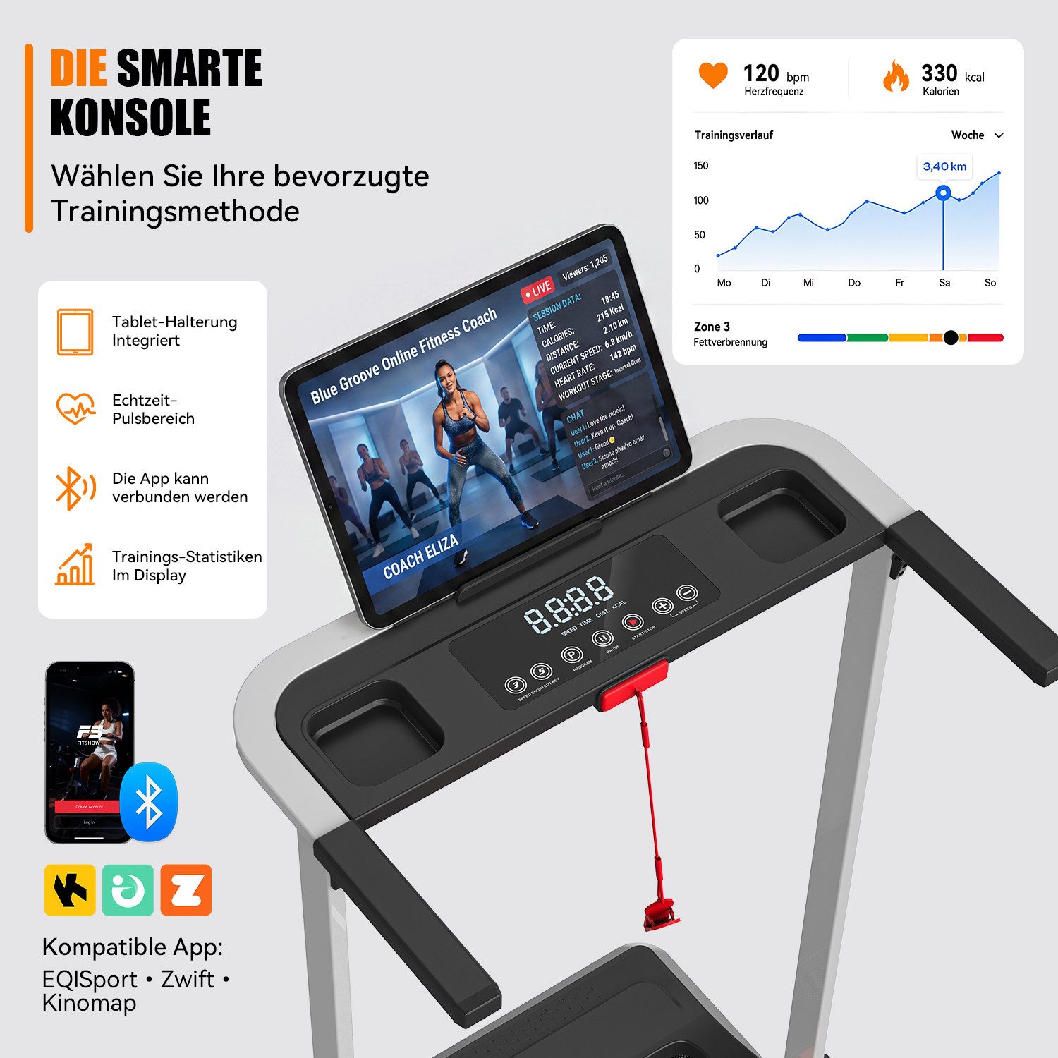 kehot Laufband Leises Laufband für Zuhause mit Steigung (12 % Steigung für intensiveres Cardio- und Ausdauertraining, 1–12 km/h mit 40 × 100 cm Lauffläche für Walking und Jogging), Bluetooth-App, LED-Display und klappbares Design bis 125 kg