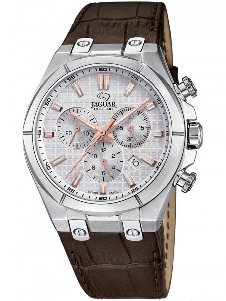 JAGUAR Chronograph Jaguar Herren Uhr Elegant J696/1 Leder, Herren  Armbanduhr rund, Lederarmband braun, Elegant, Chronograph