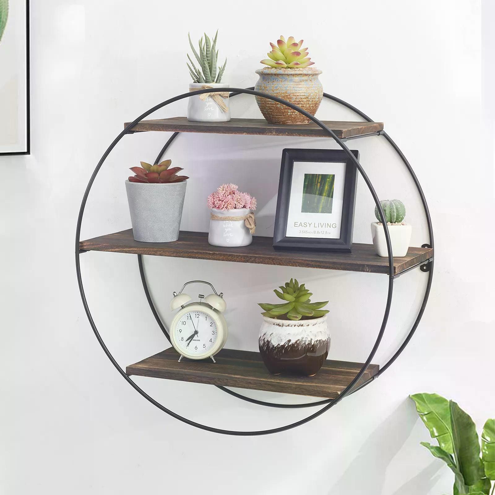 Holz Lichter Wandregal Rund-Wandregal Ø50 cm – 3 Ablagen, bis 8 kg, Vintage, Schweberegal Holz/Metall langlebig, pflegeleicht