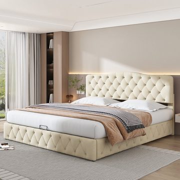 SEEZSSA Polsterbett Samt Doppelbett Stauraumbett mit höhenverstellbarem Kopfteil (Hydraulisches Bett mit Lattenrost aus Holz), 180 x 200 cm, ohne Matratze