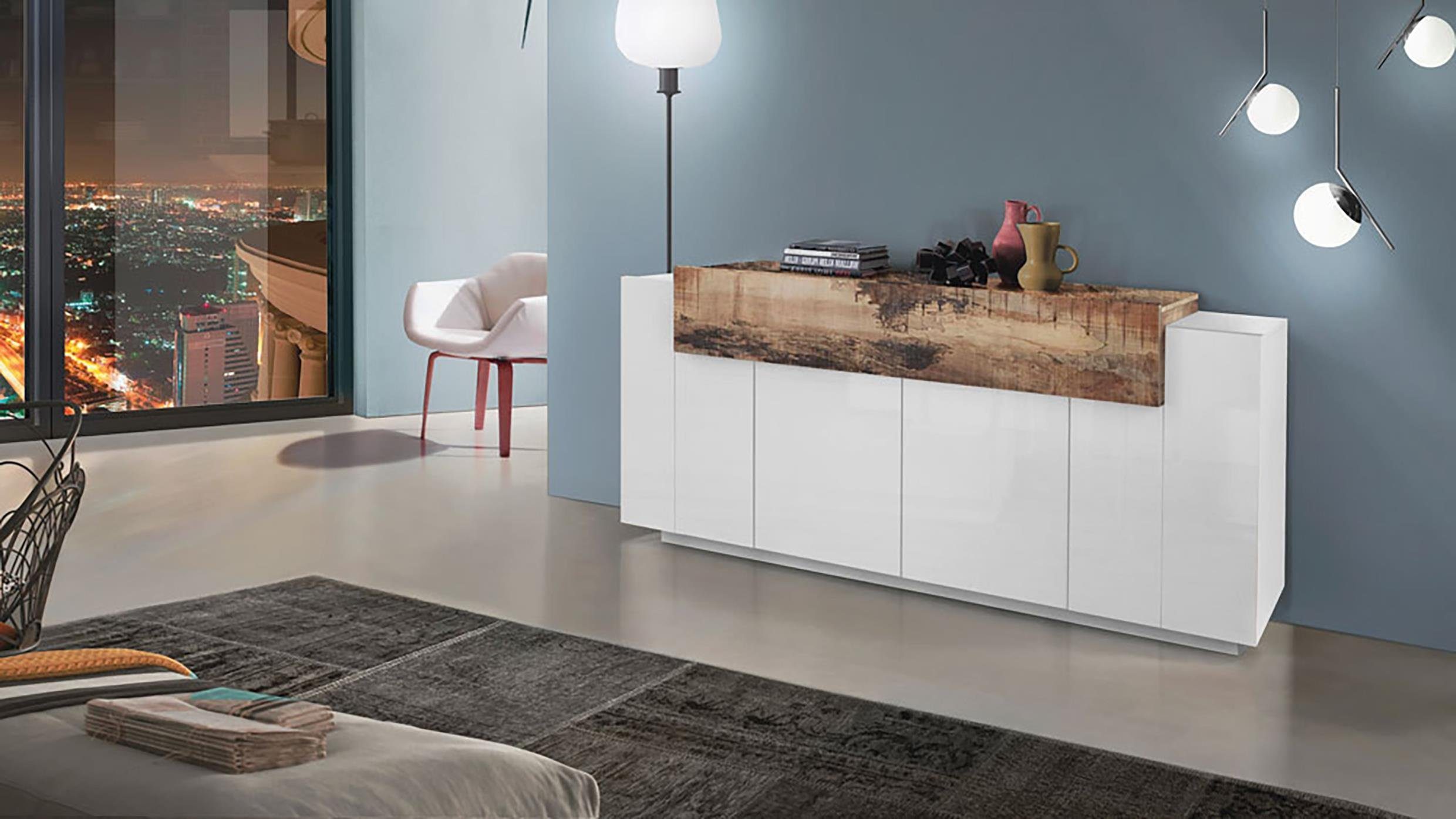 möbelando Sideboard »Catania«, Modernes Sideboard aus Spanplatte in  Weiß-Hochglanz / Ahorn Nachbildung mit 4 Holztüren, 3 Einlegeböden und 1  Klappe. Breite 200 cm, Höhe 85,6 cm, Tiefe 45 cm