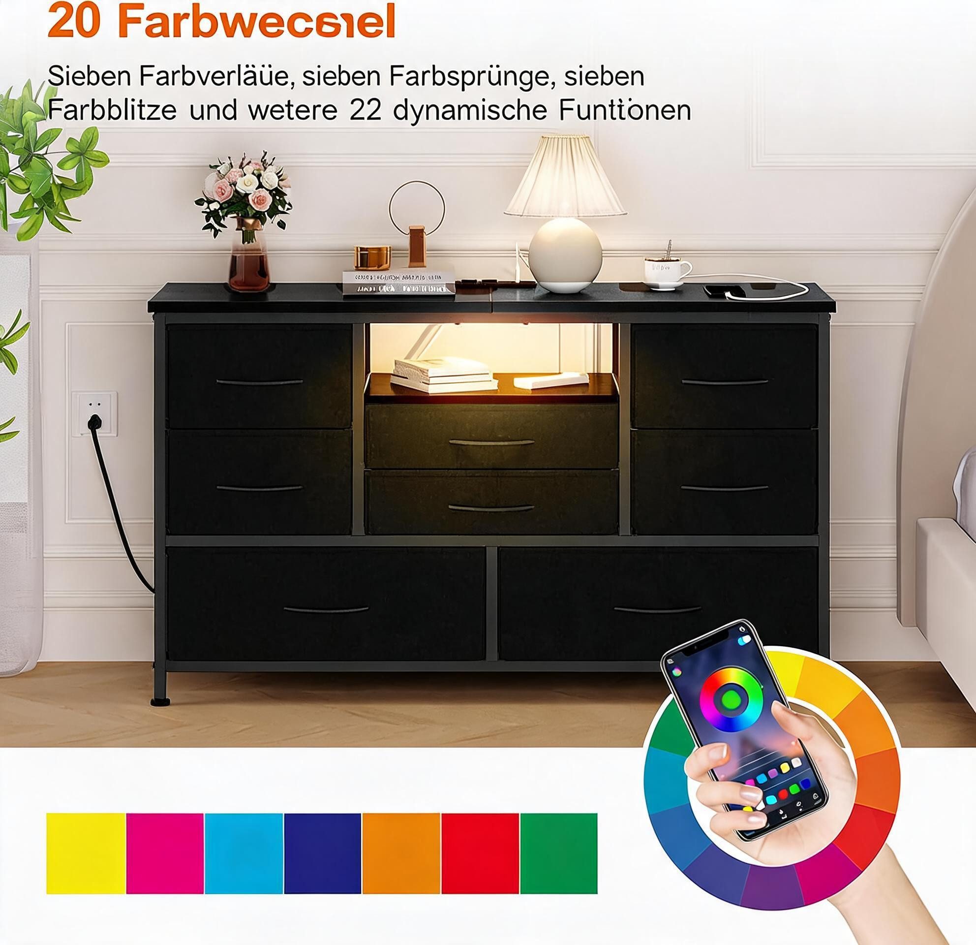 GarveeMore Kommode Kommode mit 8 Stoffschubladen, TV-Lowboard mit LED- Ladestation, Aufbewahrungsmöbel für Kinderzimmer