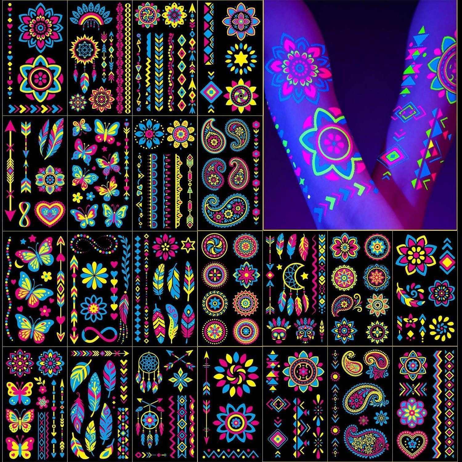 LuxusKollektion Kindertattoo Temporäre Tattoos UV-Schwarzlicht-Effekt 192+ Stück Neon Blumen