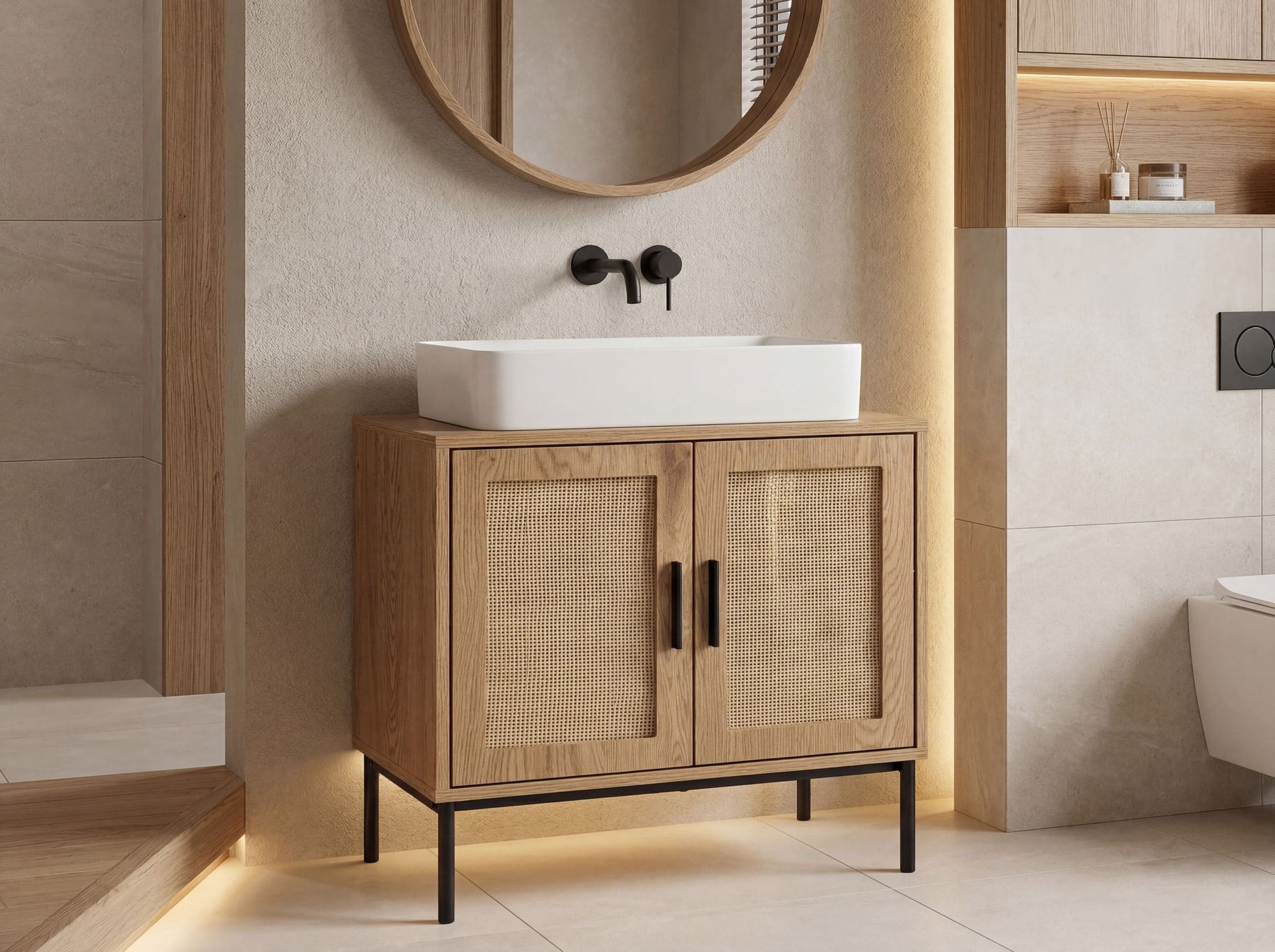 FineBuy Waschbeckenunterschrank Eiche-Optik 60x60x40 cm mit Türen, Badezimmerschrank mit Rattangeflecht, Unterschrank Stehend, Badschrank Midischrank Klein Wasc – Bild 4 von 5