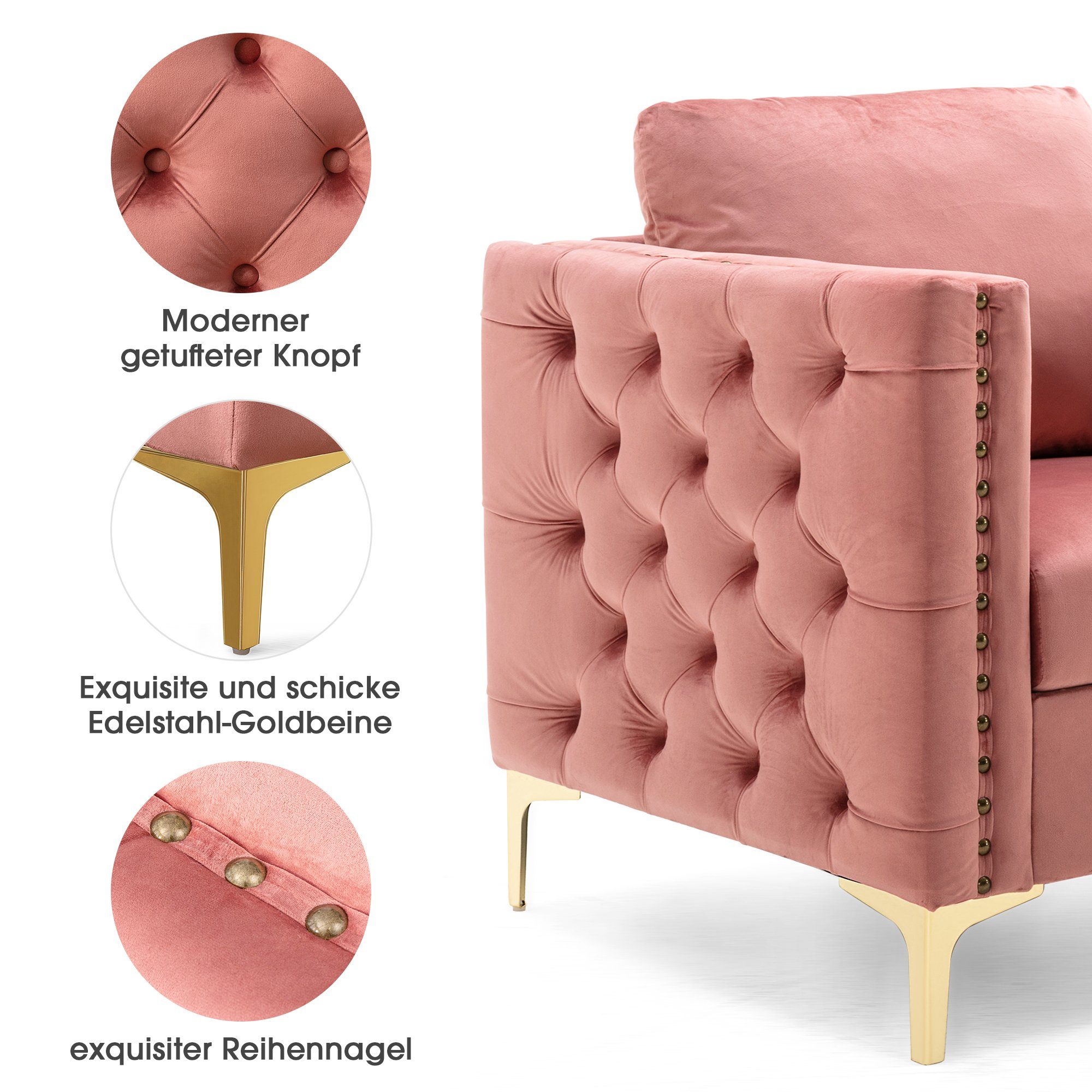 Sessel, Fernsehsessel mit edler Knopfheftung und gepolstertem Sitzkissen, goldenen Beinen, Relaxsessel mit Kissen