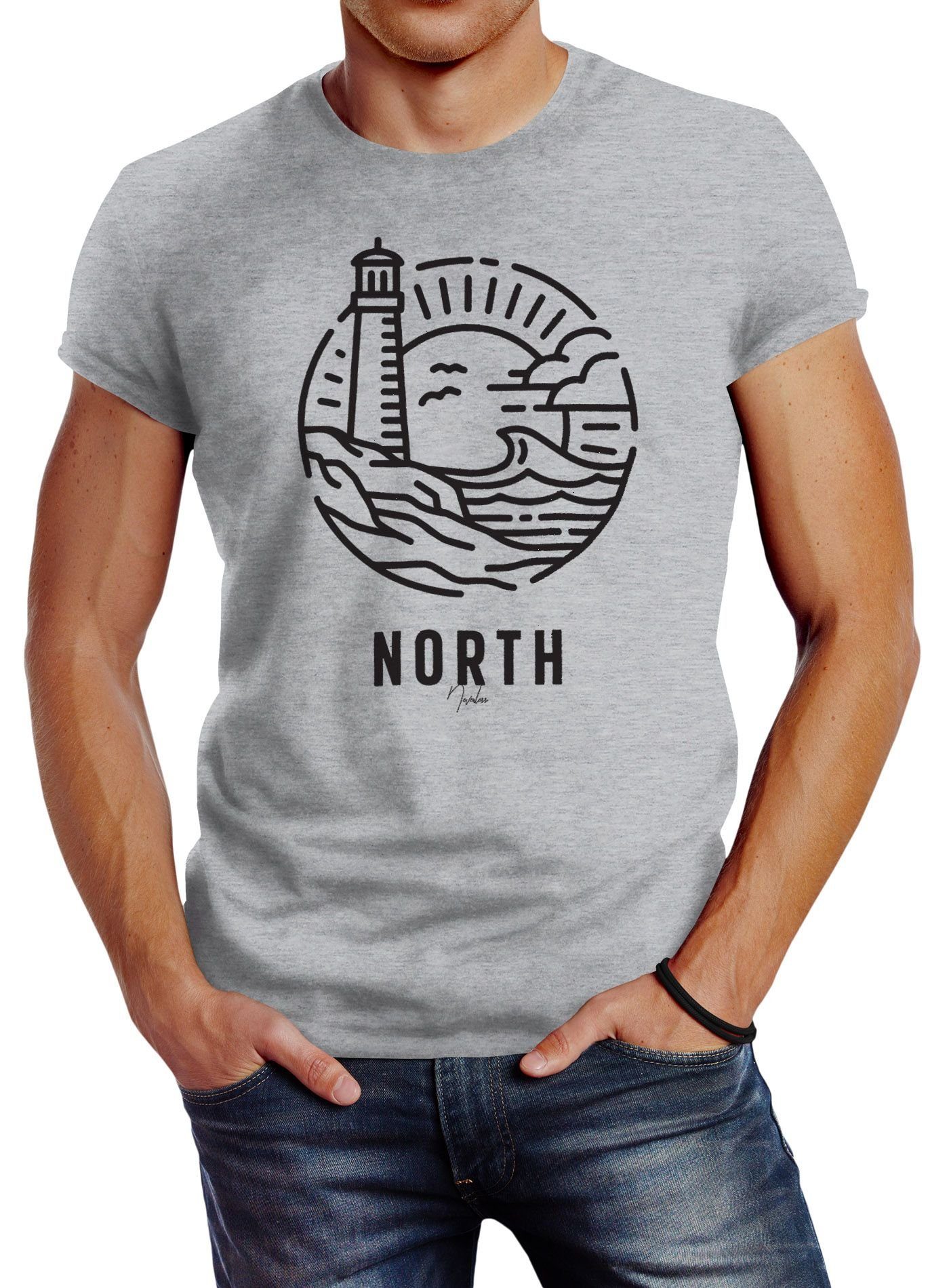 Neverless Print-Shirt Herren T-Shirt Logo Outline Art maritim Leuchtturm Welle Aufdruck North Slim Fit Neverless® mit Print grau | T-Shirts