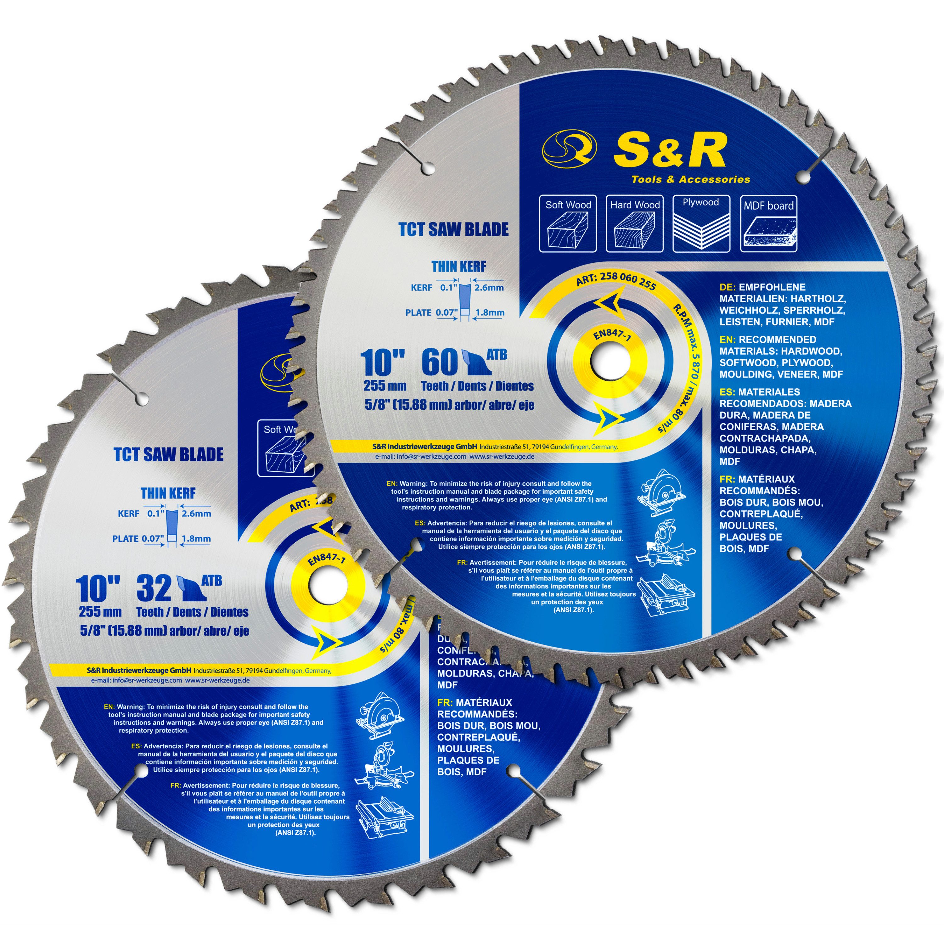 S&R Kreissägeblatt für Holzbearbeitung, 255 X 1.8/2.6 X 15.88 mm,32T und 60T, ATB Zahnung (Set, 2.tlg 32T und 60T), Hartmetall Sägeblätter, für alle Holzarten und Holzprodukte