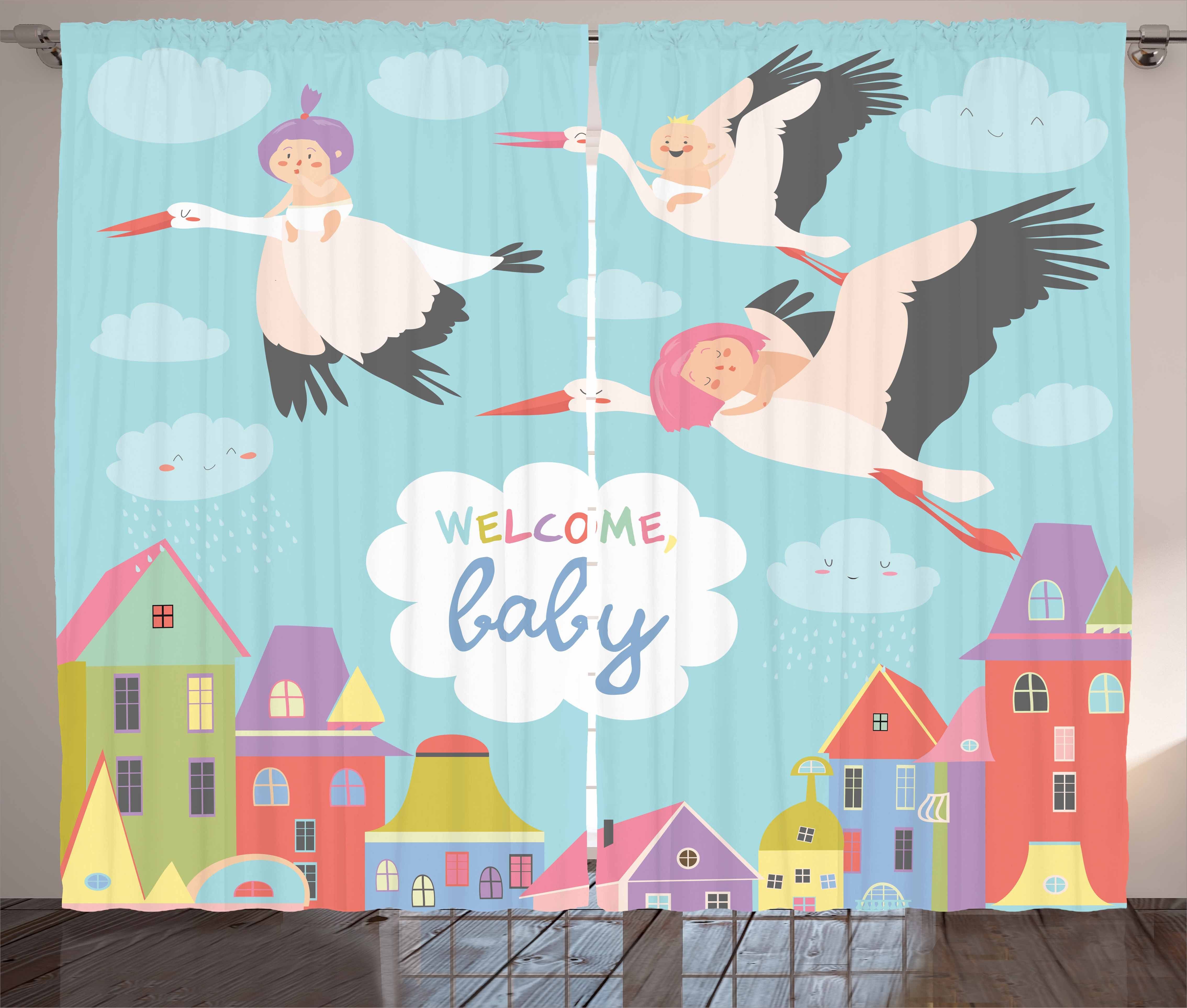 Gardine Schlafzimmer Kräuselband Vorhang mit Schlaufen und Haken, Abakuhaus, Babydusche Cartoon Storks