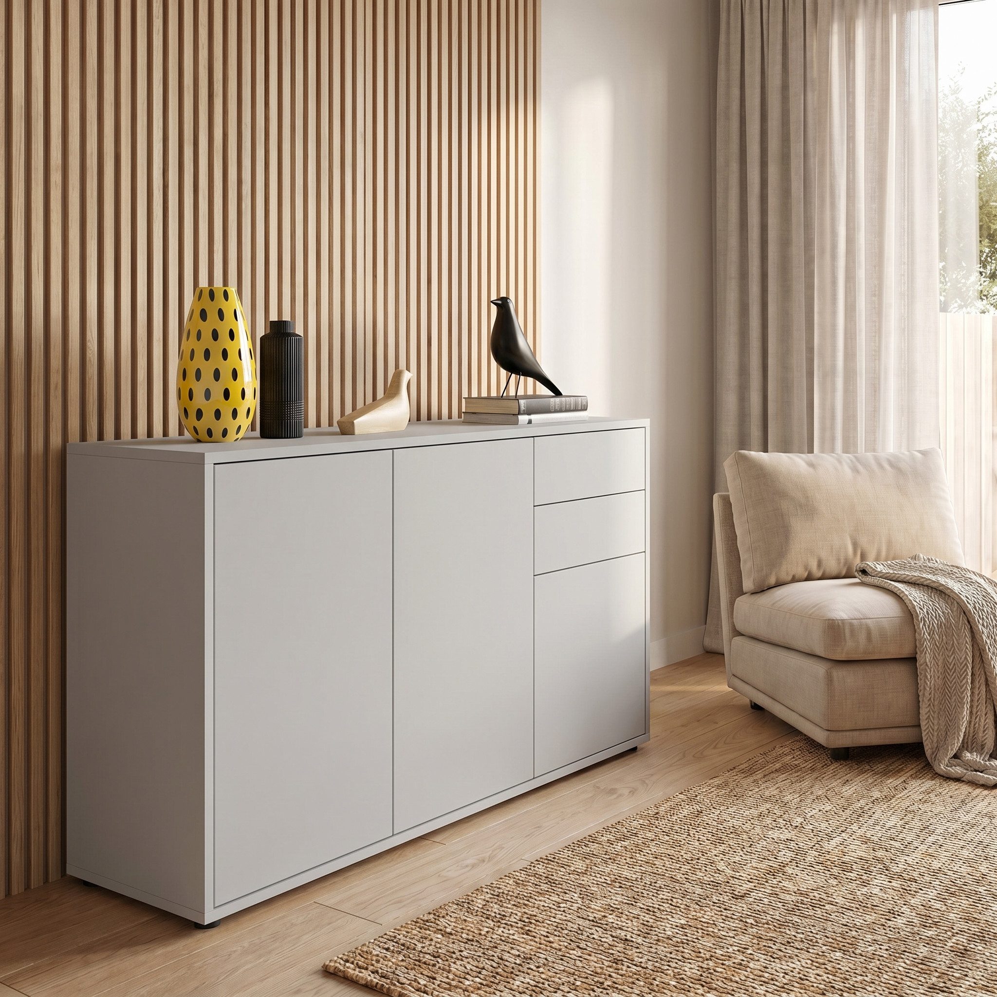 Vladon Kommode Ben V3 (Kommode, mit 3 Türen und 2 Schubladen), Weiß matt/Weiß matt (117 x 74 x 36 cm)