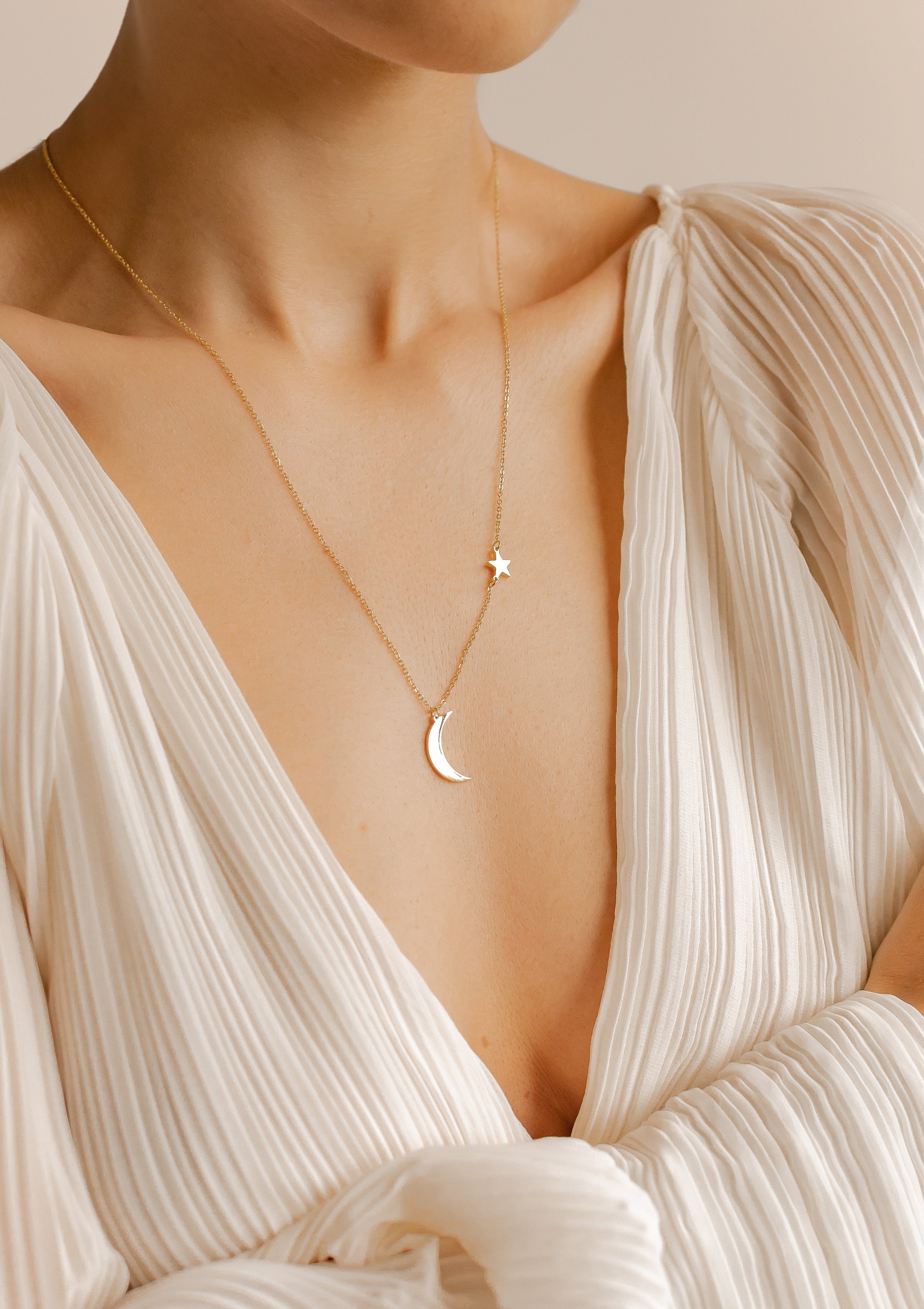 Hey Happiness Edelstahlkette Damen Mond Stern Anhänger, 18K Roségold vergol günstig online kaufen