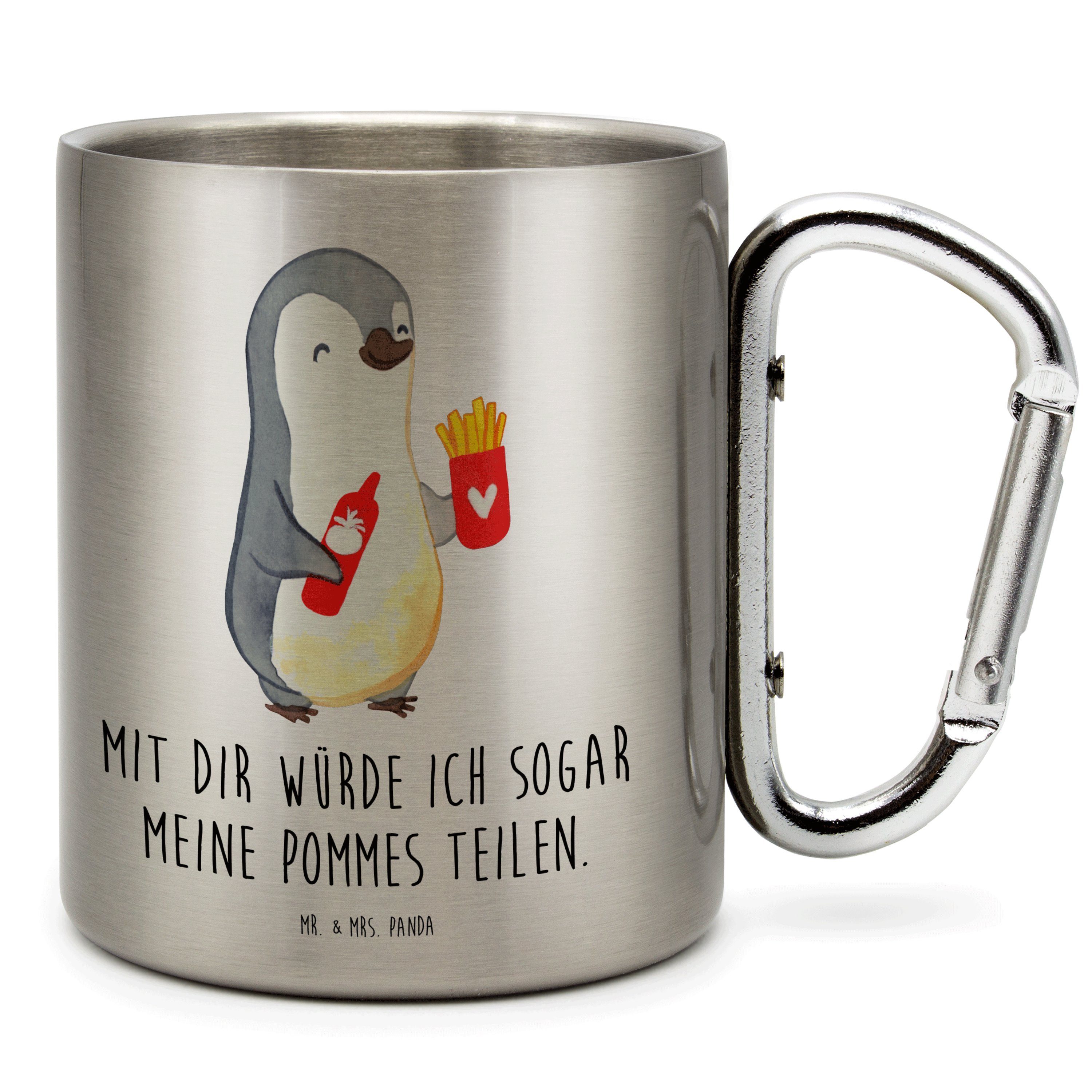 Mr. & Mrs. Panda Tasse Pinguin Pommes - Transparent - Geschenk, Jahrestag, Karabiner, Outdoo, Edelstahl