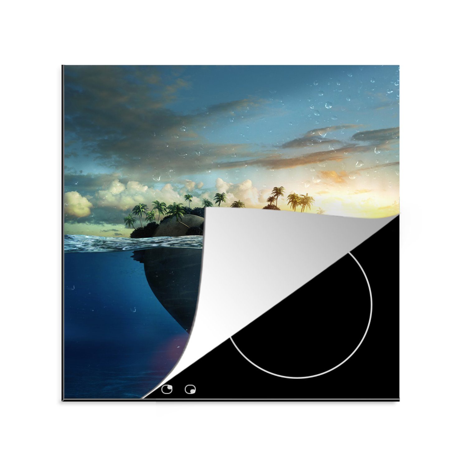 MuchoWow Herdblende-/Abdeckplatte Meer - Insel - Herz, Vinyl, (1 tlg), 78x78 cm, Ceranfeldabdeckung, Arbeitsplatte für küche