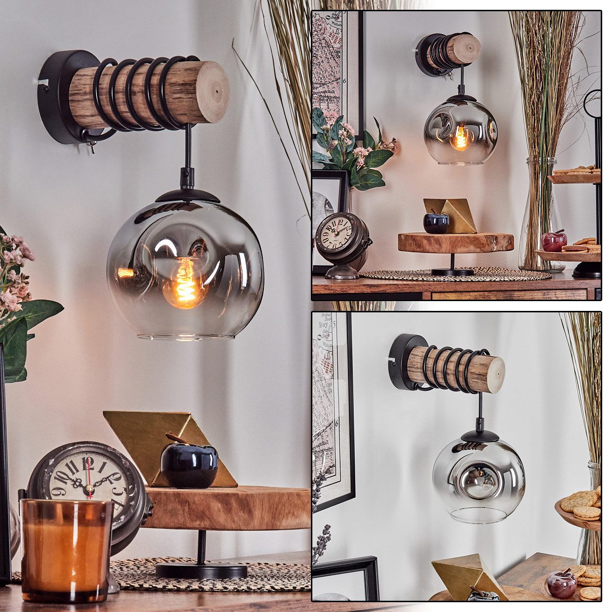hofstein Wandleuchte Wandlampe aus Holz/Metall/Glas in Natur/Schwarz/Chrom/ günstig online kaufen