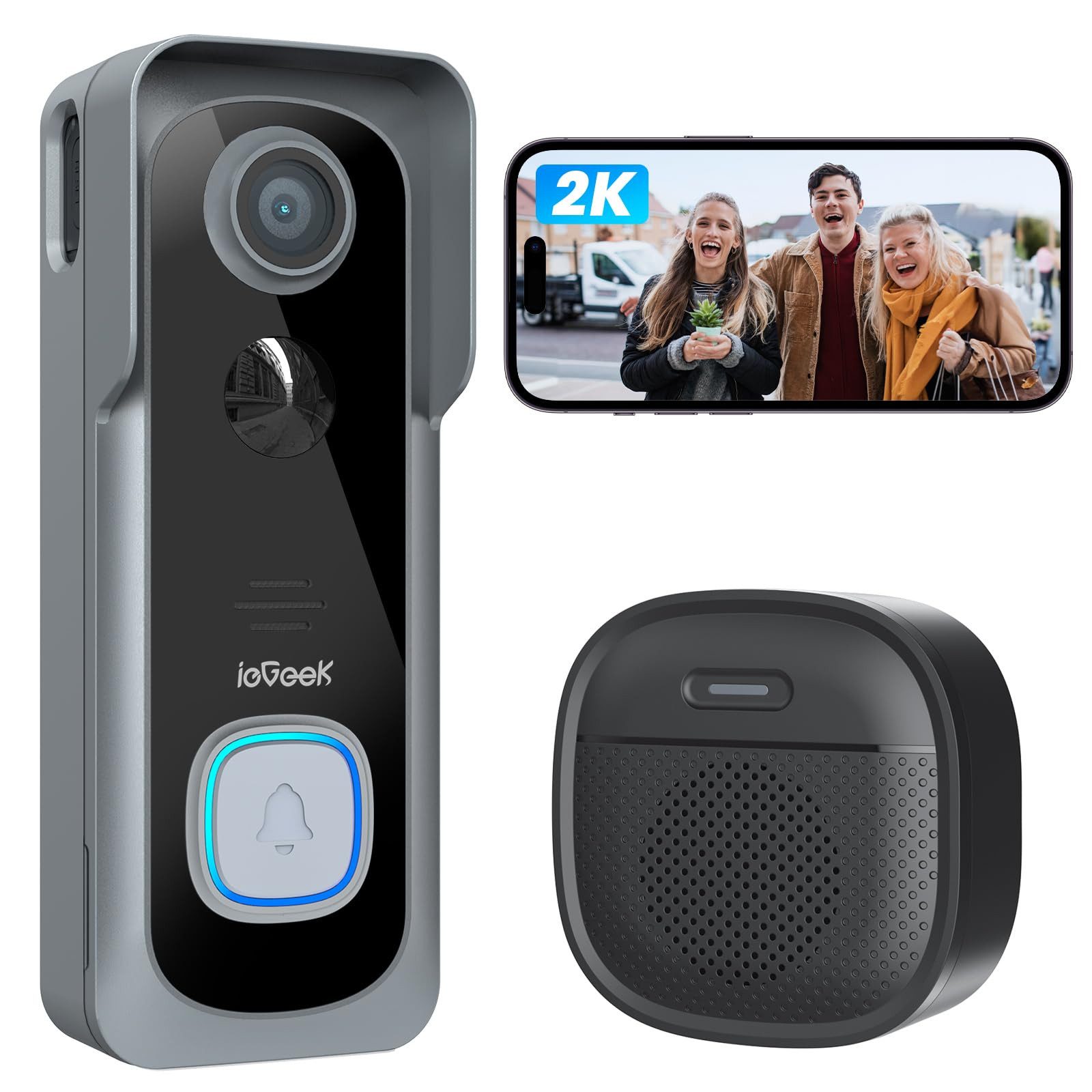TWUFY Smart Home Türklingel 2K Kabellose Video Türklingel mit Kamera & Akku, 166° Blickwinkel (Außenbereich, Aussen, Drinnen, OTA-Upgrades, 4800mAh Akku, Kabellose Installation, 2,4-GHz-WiFi, Zwei-Wege-Audio, 3MP Auflösung, Nachtsicht, KI-Bewegungserkennung, 166° Weitwinkel, 107° Weitwinkel, App-Steuerung)