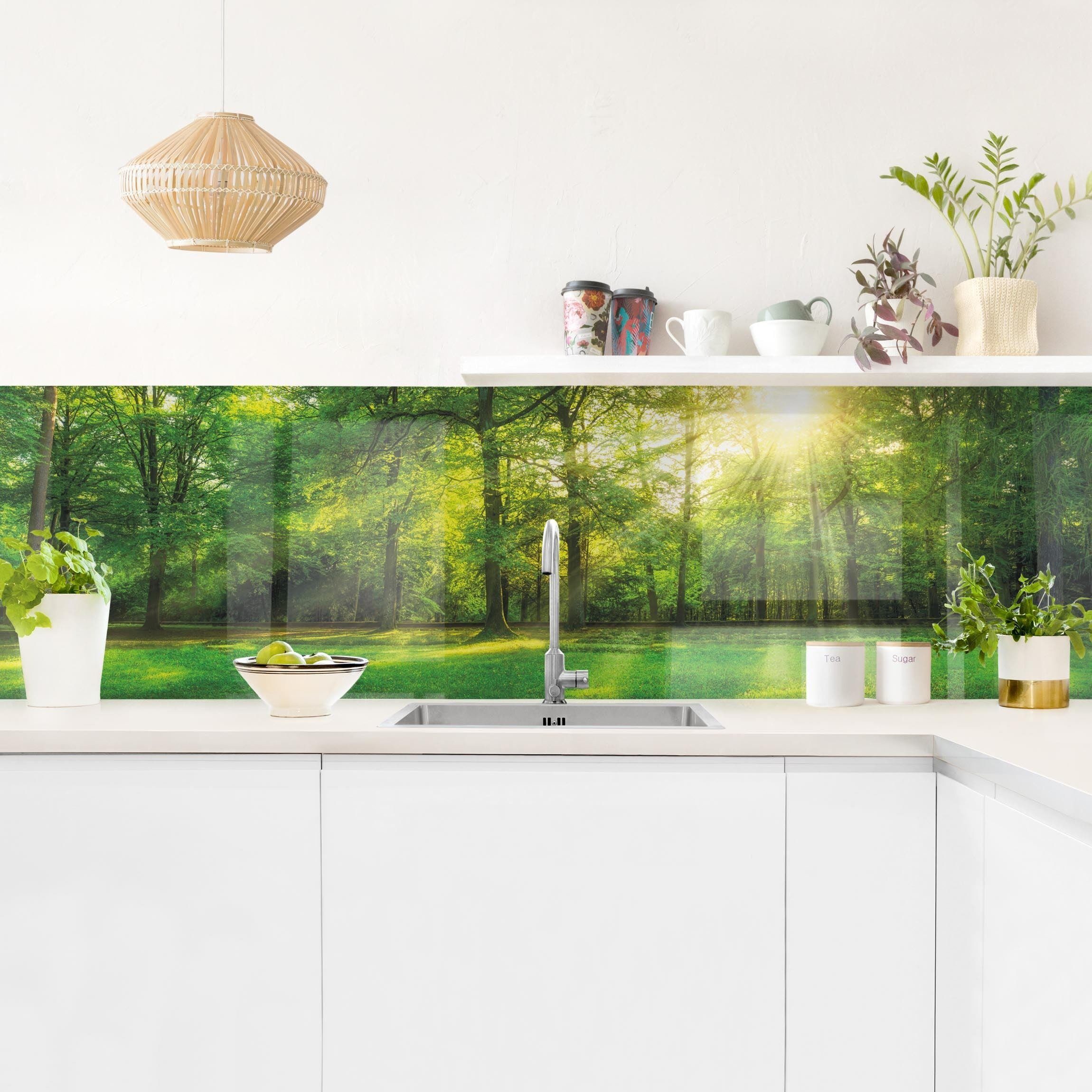 Bilderdepot24 Küchenrückwand grün dekor Bäume Wald Natur Spaziergang im Wald Wandverkleidung Küche, (1-tlg., Nischenrückwand - für Fliesenspiegel ohne Bohren - matt), Spritzschutz Rückwand Küche Herd - Folie selbstklebend versch. Größen