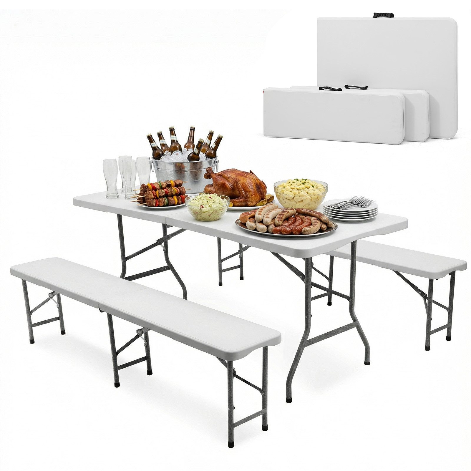 Sekey Bierzeltgarnitur Klappbar Bierzeltgarnitur 180cm Festzeltgarnitur Biertisch Set, 3-teilig, Tisch + 2 x Bierbank, Gartenmöbel Set